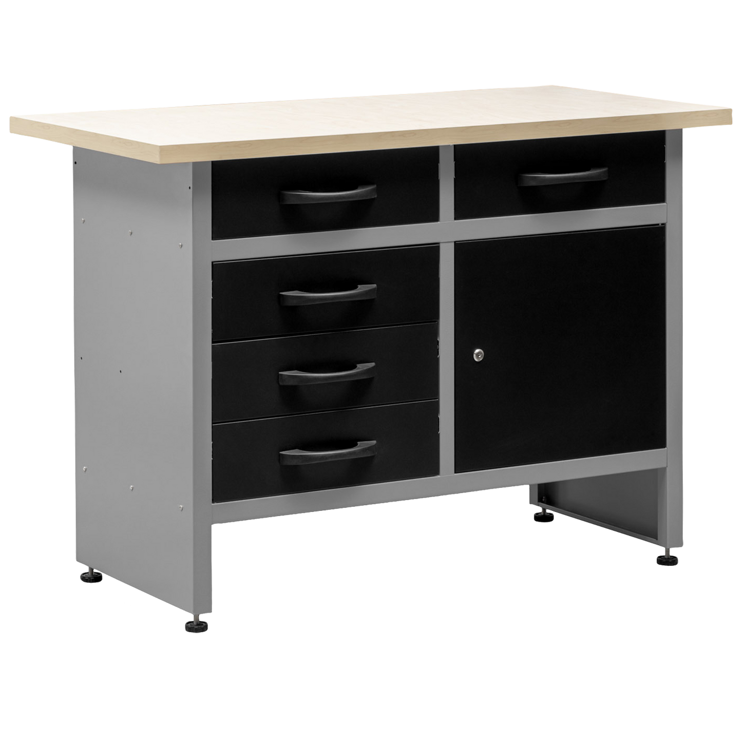 Mesa de Trabajo con Patas Ajustables, Múltiples Cajones y un Armario con Cerradura