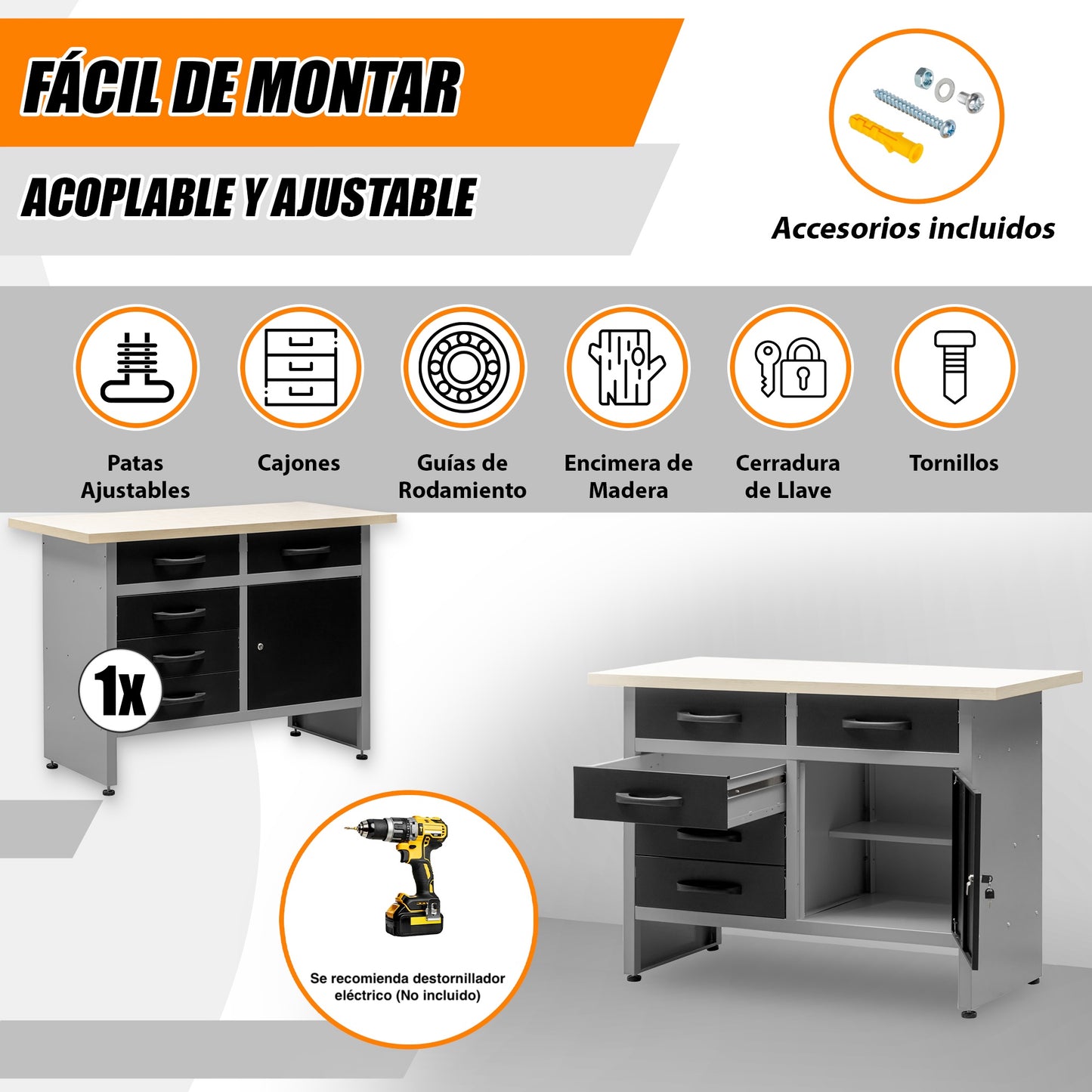 Mesa de Trabajo con Patas Ajustables, Múltiples Cajones y un Armario con Cerradura