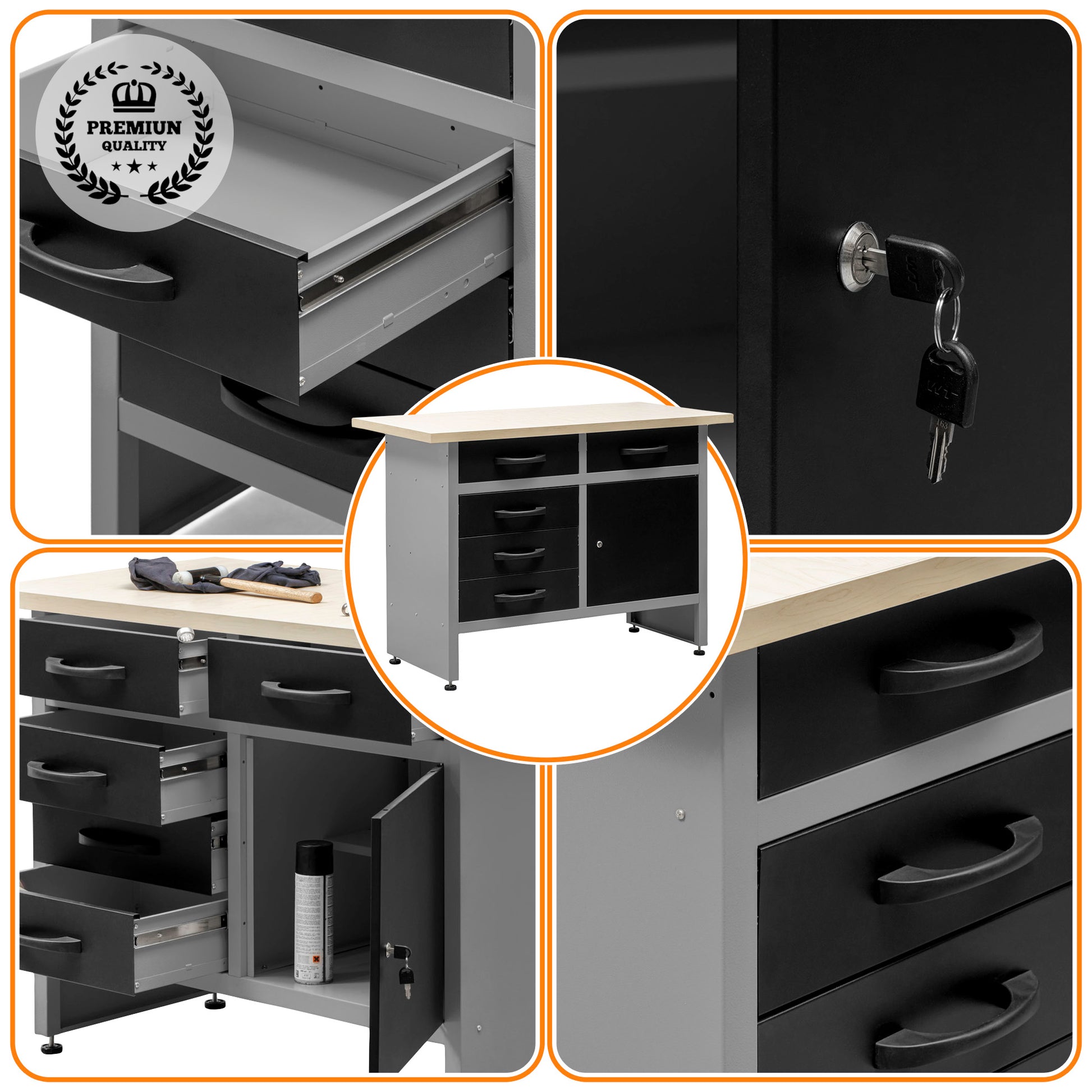 Pack Rey del Bricolaje: Banco de trabajo con 5 cajones y armarios para garaje y taller - MetallMöbell