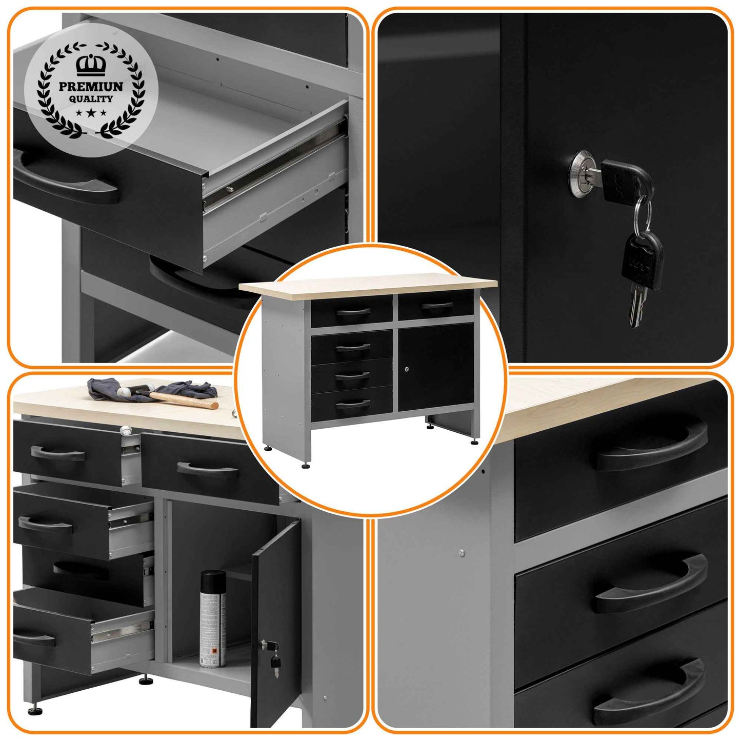 Mesa de Trabajo Ajustable con Patas Ajustables, Múltiples Cajones y Armario con Cerradura