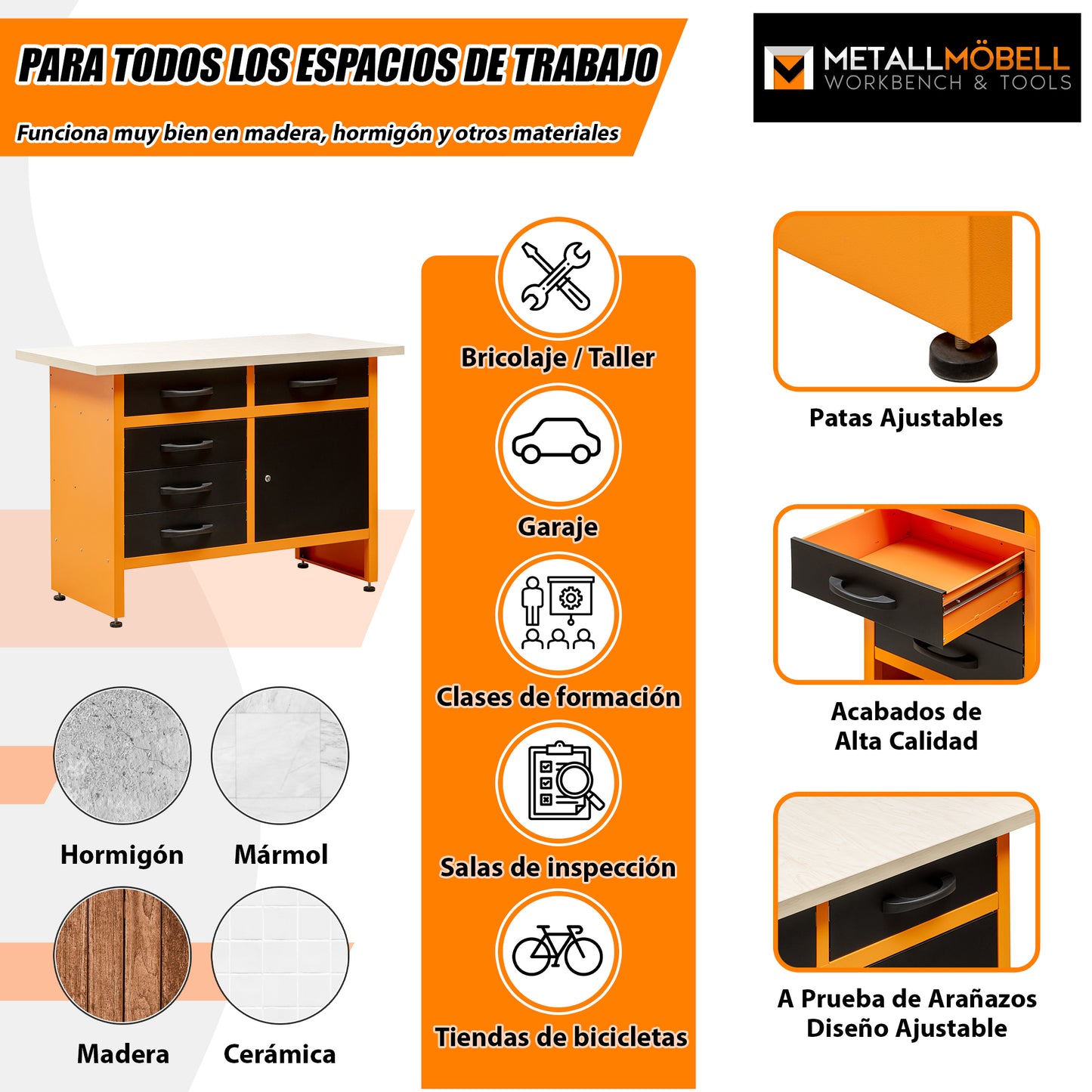 Mesa de Trabajo con Patas Ajustables, Múltiples Cajones y un Armario con Cerradura