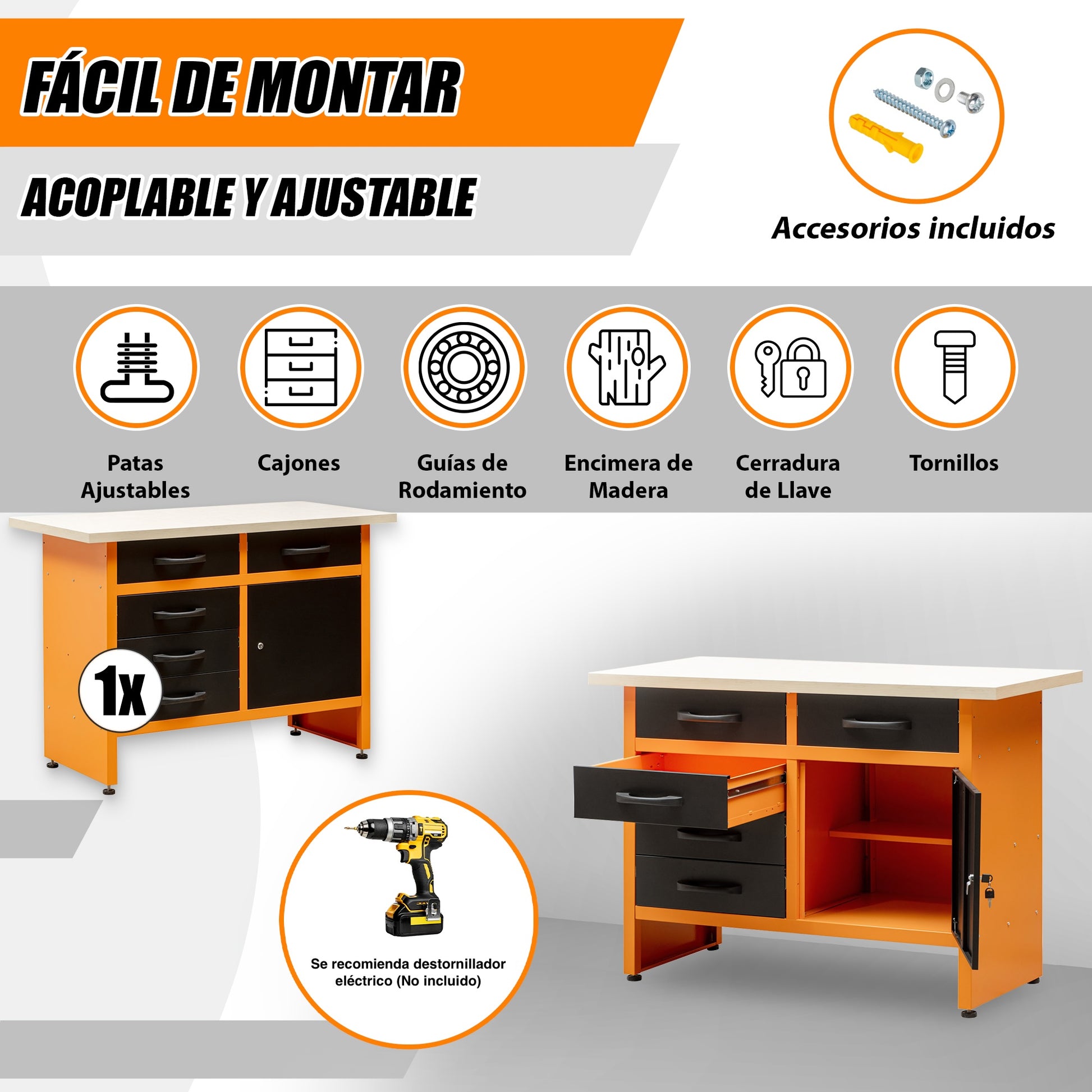 Pack Rey del Bricolaje: Banco de trabajo con 5 cajones y armarios para garaje y taller - MetallMöbell