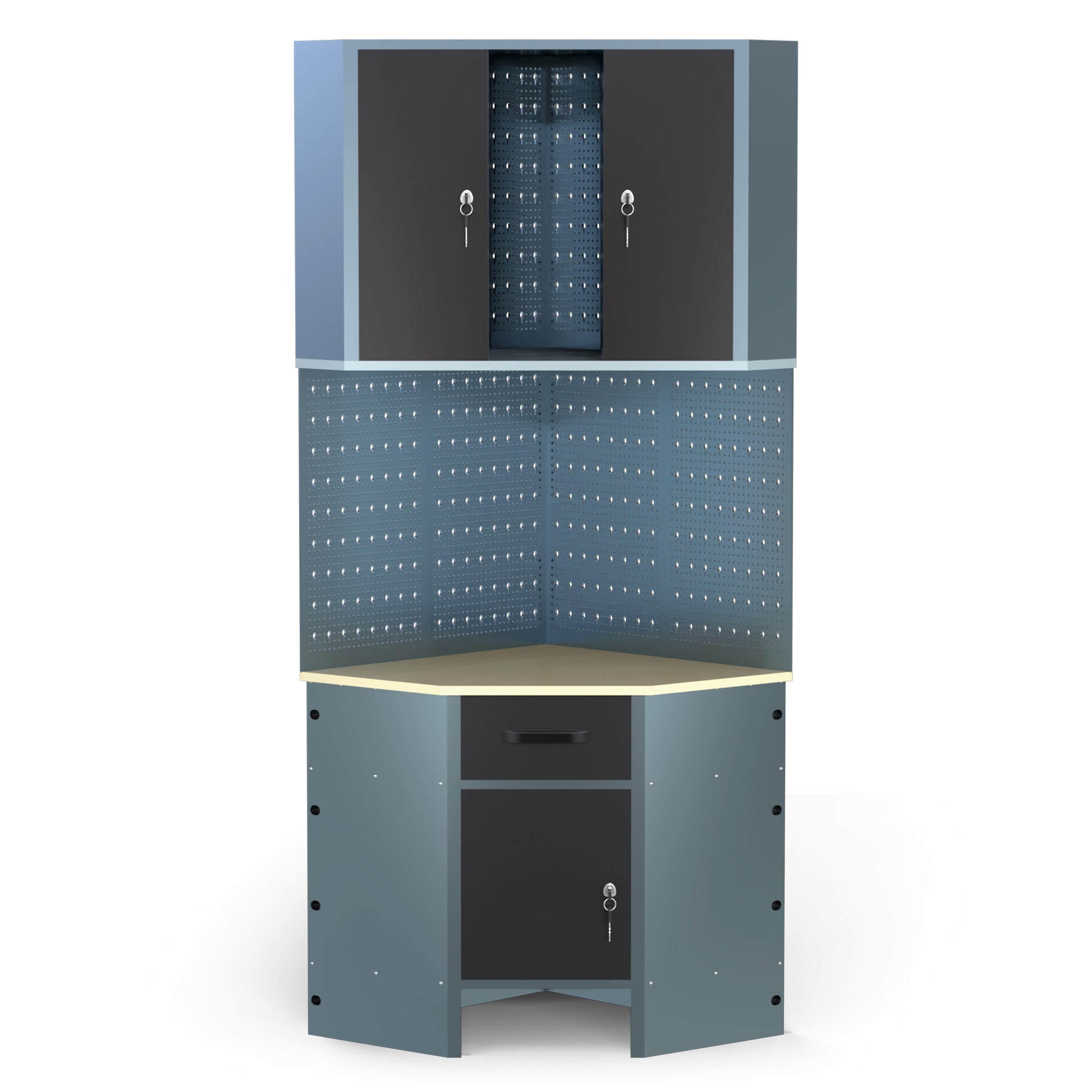 Pack Rincón Mecánico: Banco de trabajo en esquina con armarios colgantes y paneles metálicos para talleres y garajes - MetallMöbell