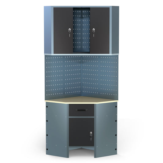 Pack Rincón Mecánico: Banco de trabajo en esquina con armarios colgantes y paneles metálicos para talleres y garajes - MetallMöbell