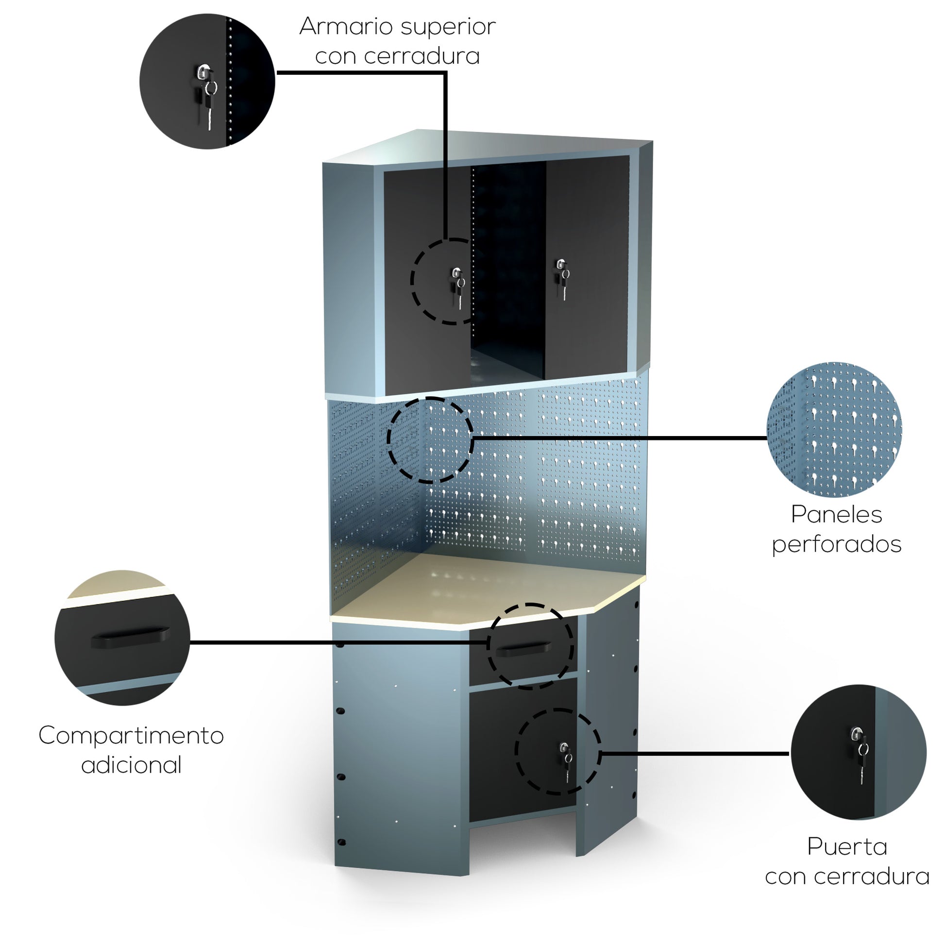 Pack Rincón Mecánico: Banco de trabajo en esquina con armarios colgantes y paneles metálicos para talleres y garajes - MetallMöbell