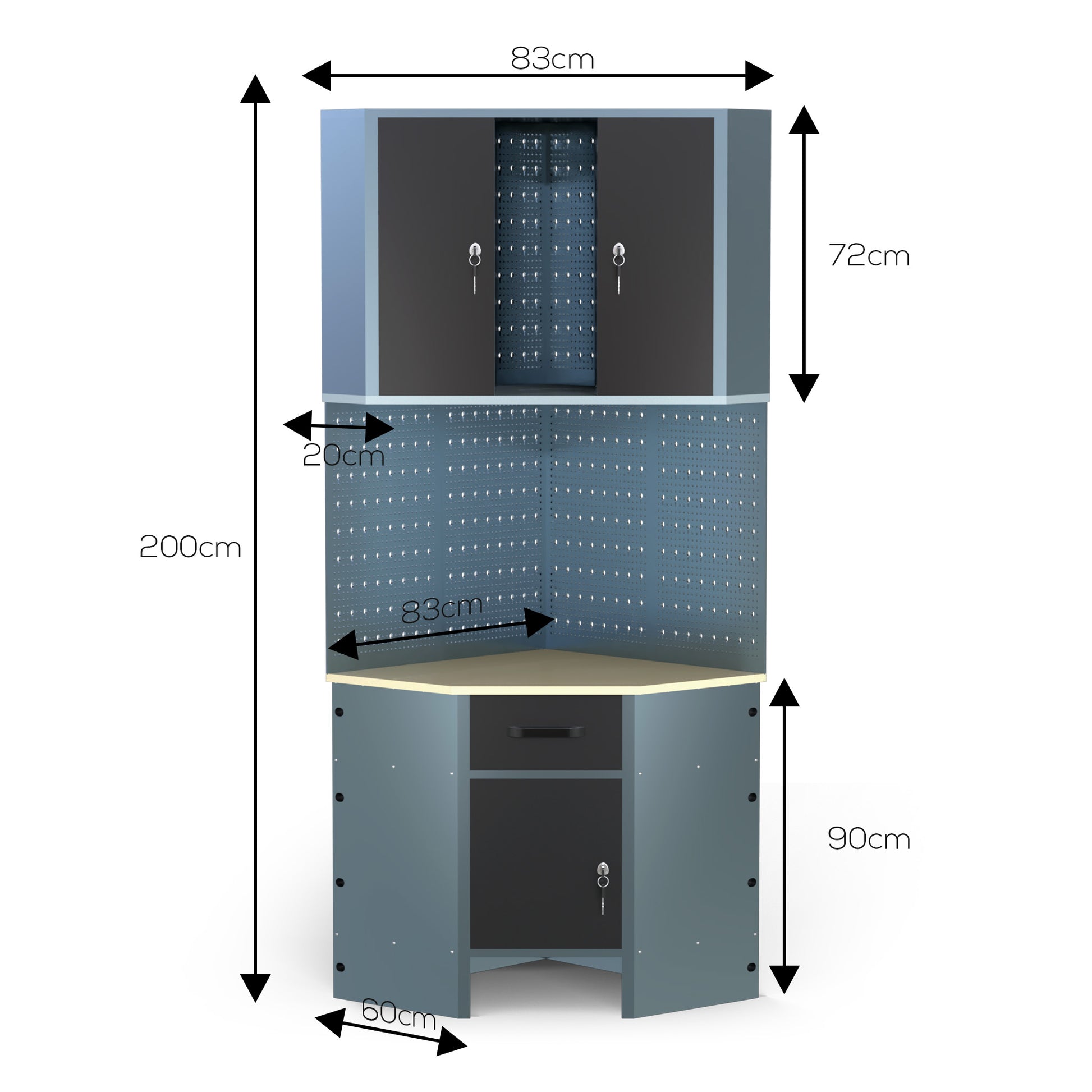 Pack Rincón Mecánico: Banco de trabajo en esquina con armarios colgantes y paneles metálicos para talleres y garajes - MetallMöbell