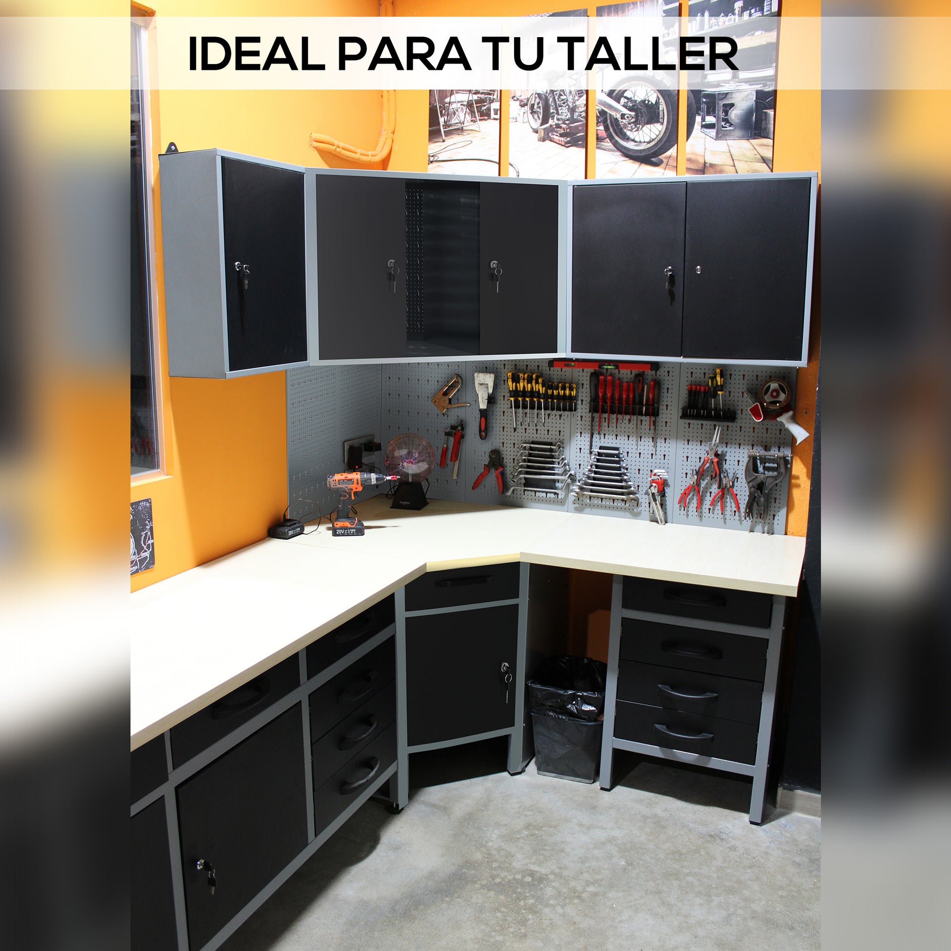 Pack Rincón Mecánico: Banco de trabajo en esquina con armarios colgantes y paneles metálicos para talleres y garajes - MetallMöbell