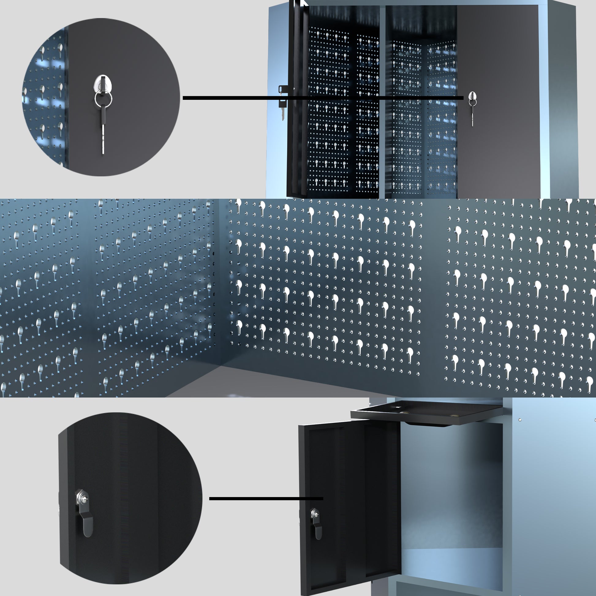 Pack Rincón Mecánico: Banco de trabajo en esquina con armarios colgantes y paneles metálicos para talleres y garajes - MetallMöbell