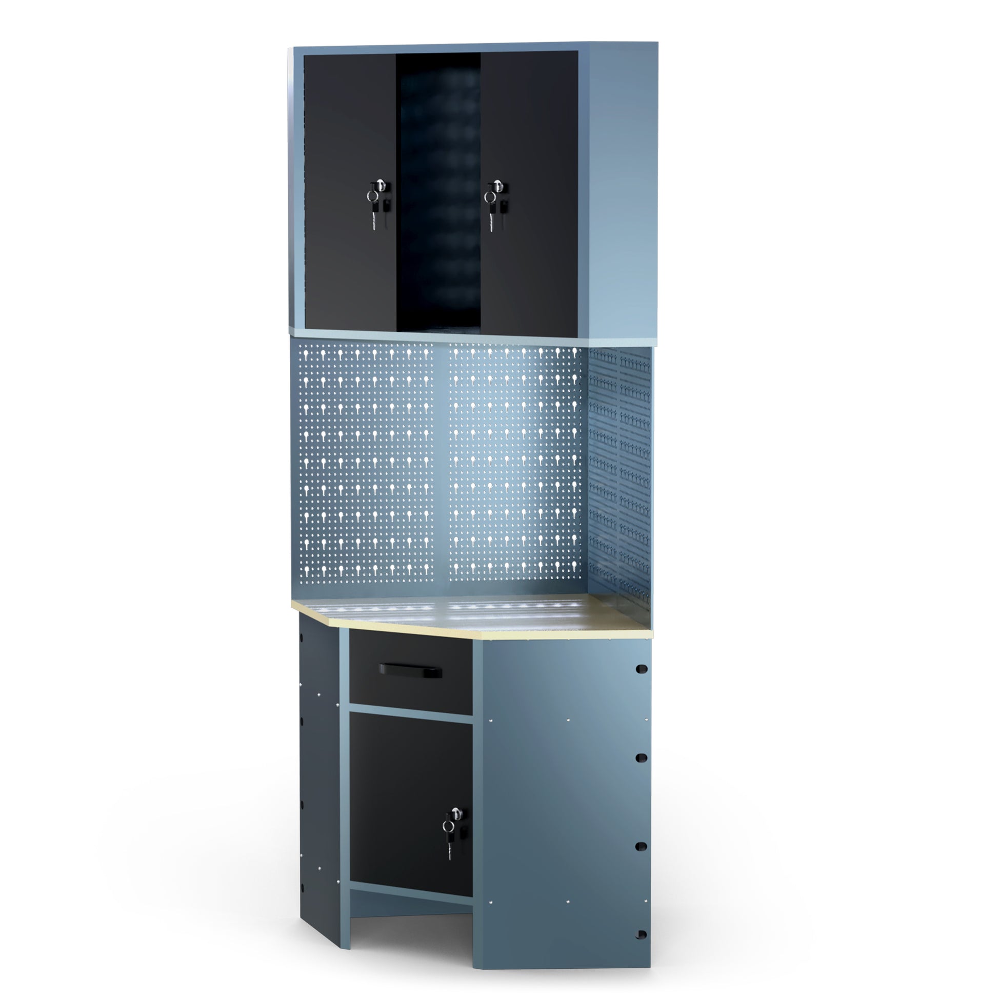 Pack Rincón Mecánico: Banco de trabajo en esquina con armarios colgantes y paneles metálicos para talleres y garajes - MetallMöbell