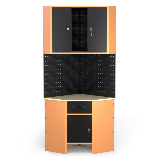 Pack Rincón Mecánico: Banco de trabajo en esquina con armarios colgantes y paneles metálicos para talleres y garajes - MetallMöbell