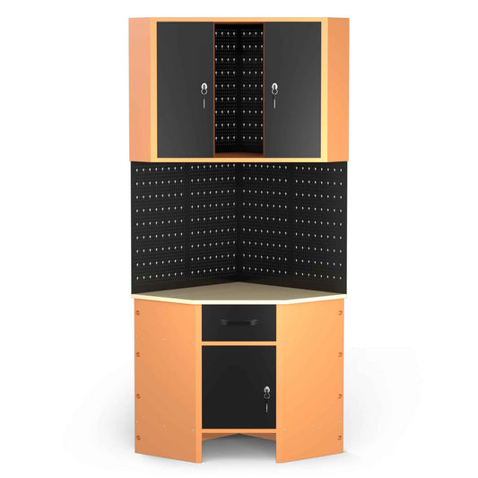 Pack Rincón Mecánico: Banco de trabajo en esquina con armarios colgantes y paneles metálicos para talleres y garajes