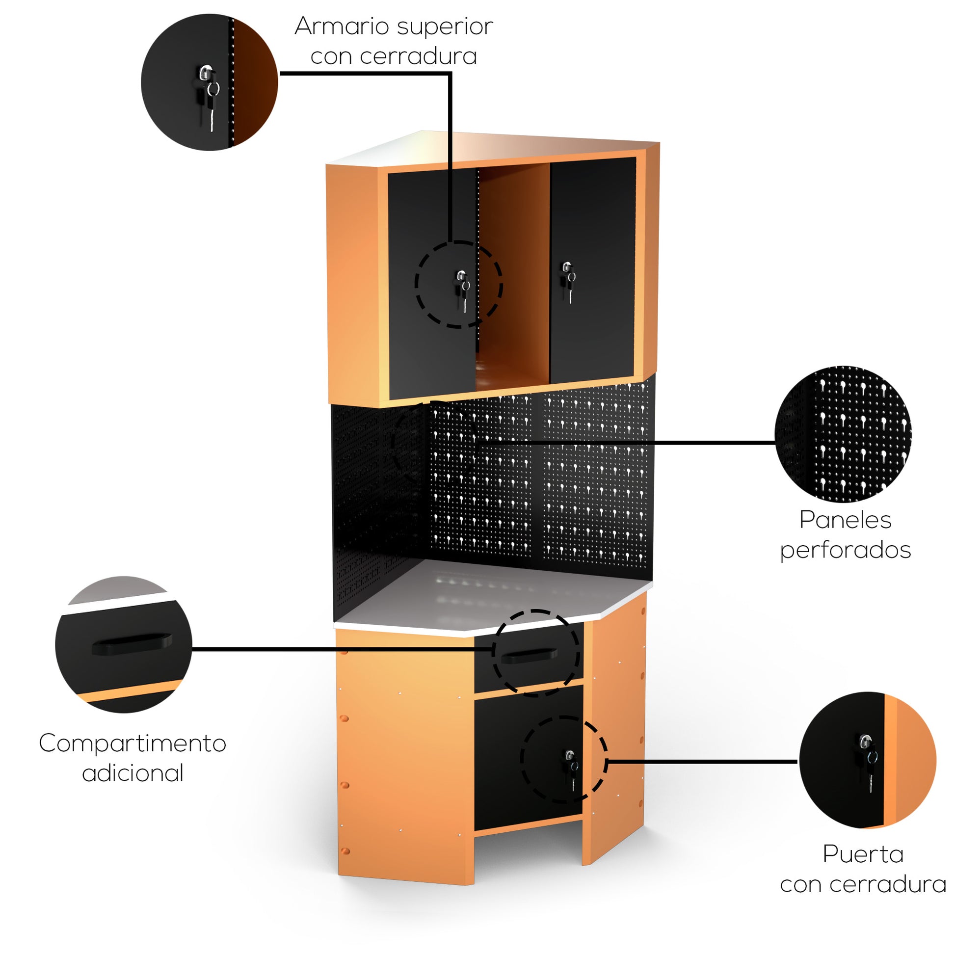 Pack Rincón Mecánico: Banco de trabajo en esquina con armarios colgantes y paneles metálicos para talleres y garajes - MetallMöbell