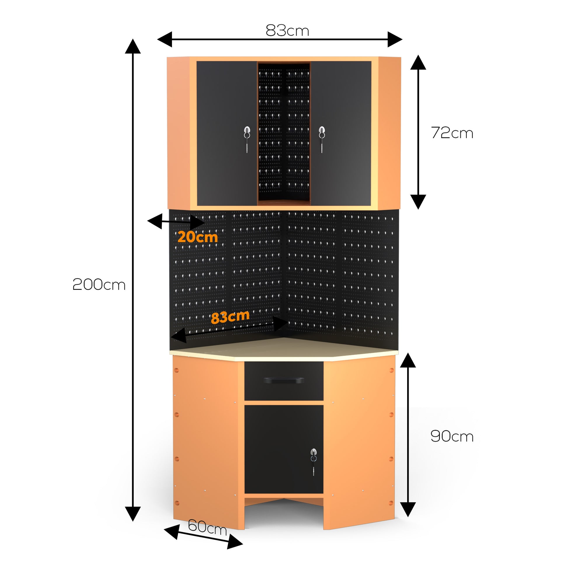 Pack Rincón Mecánico: Banco de trabajo en esquina con armarios colgantes y paneles metálicos para talleres y garajes - MetallMöbell
