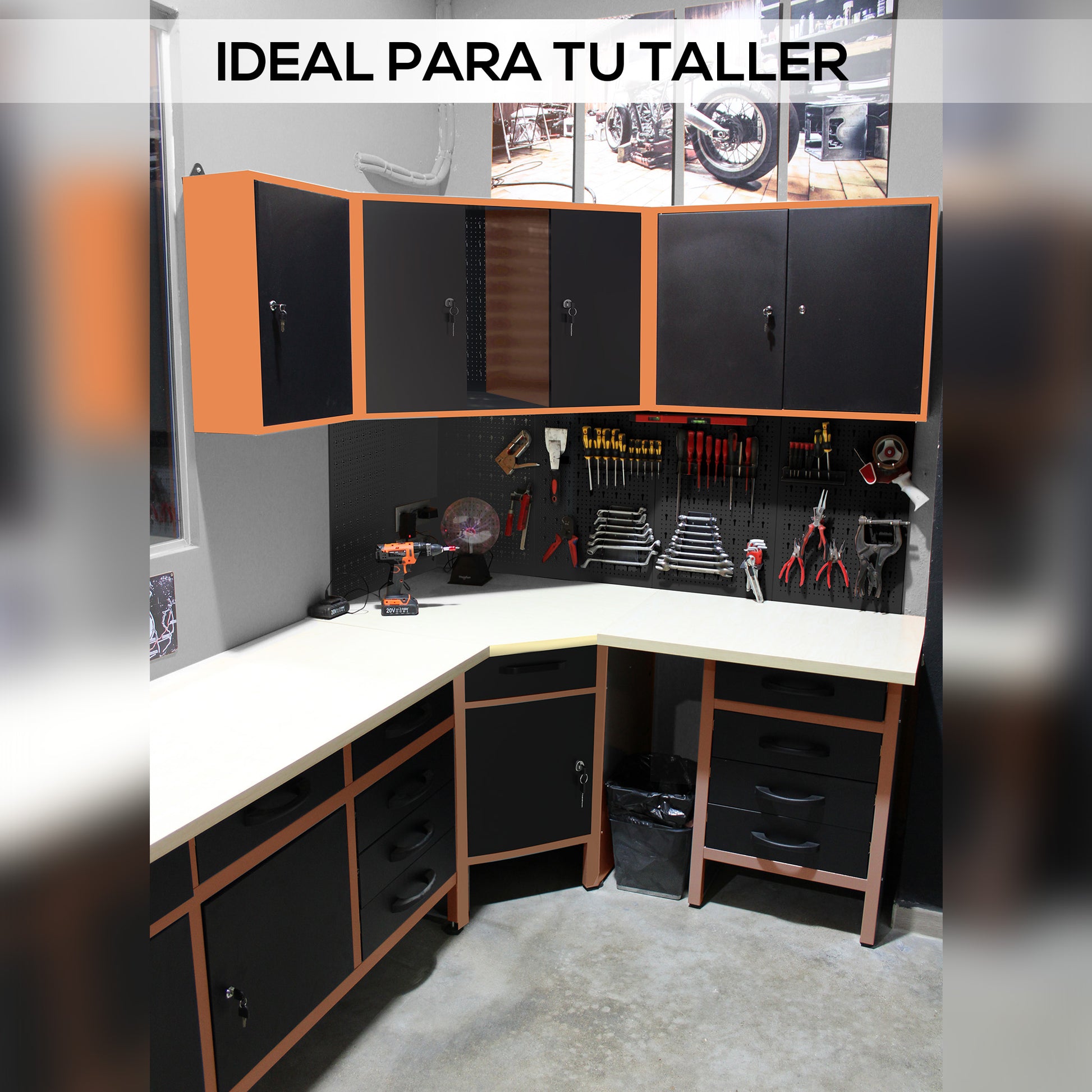 Pack Rincón Mecánico: Banco de trabajo en esquina con armarios colgantes y paneles metálicos para talleres y garajes - MetallMöbell