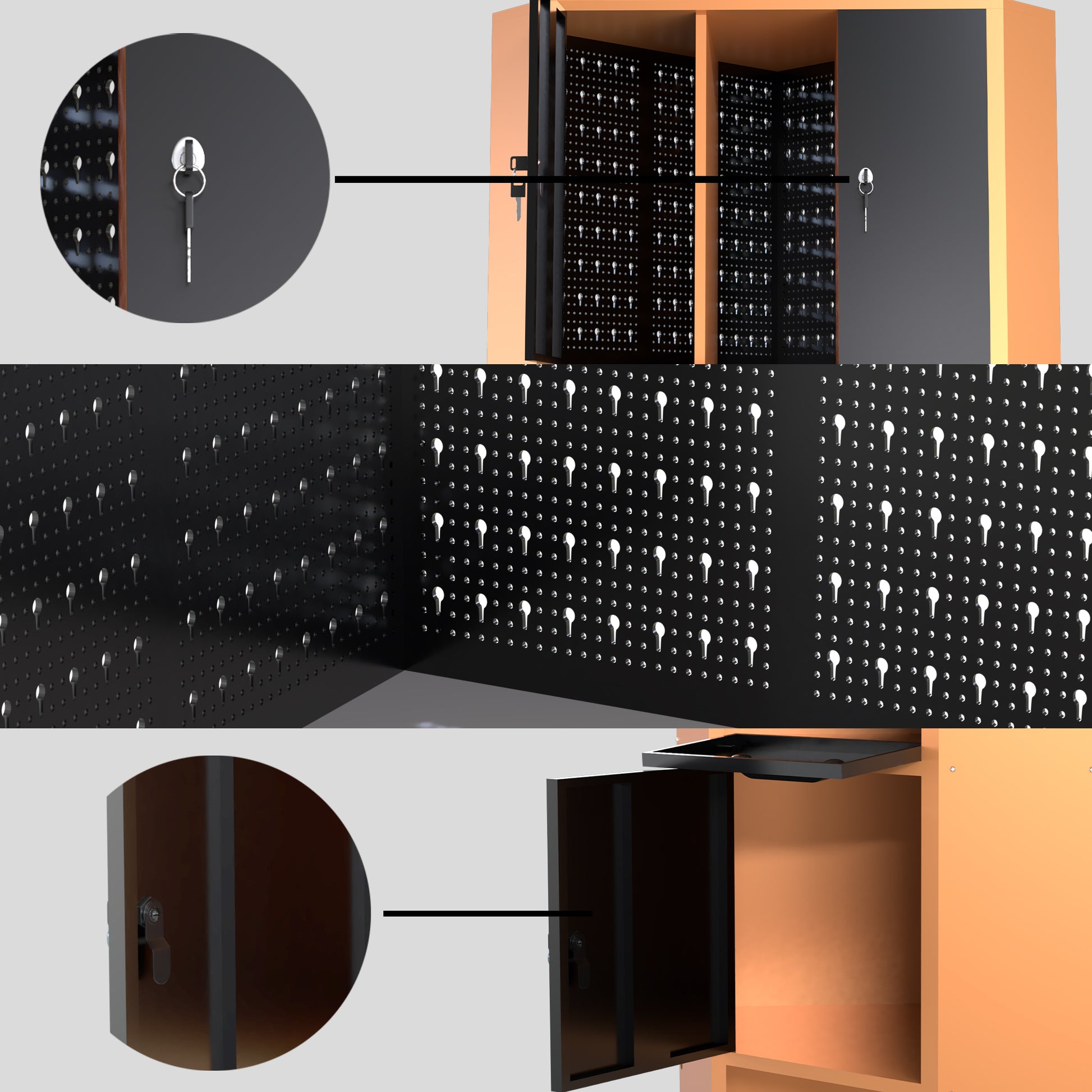 Pack Rincón Mecánico: Banco de trabajo en esquina con armarios colgantes y paneles metálicos para talleres y garajes - MetallMöbell