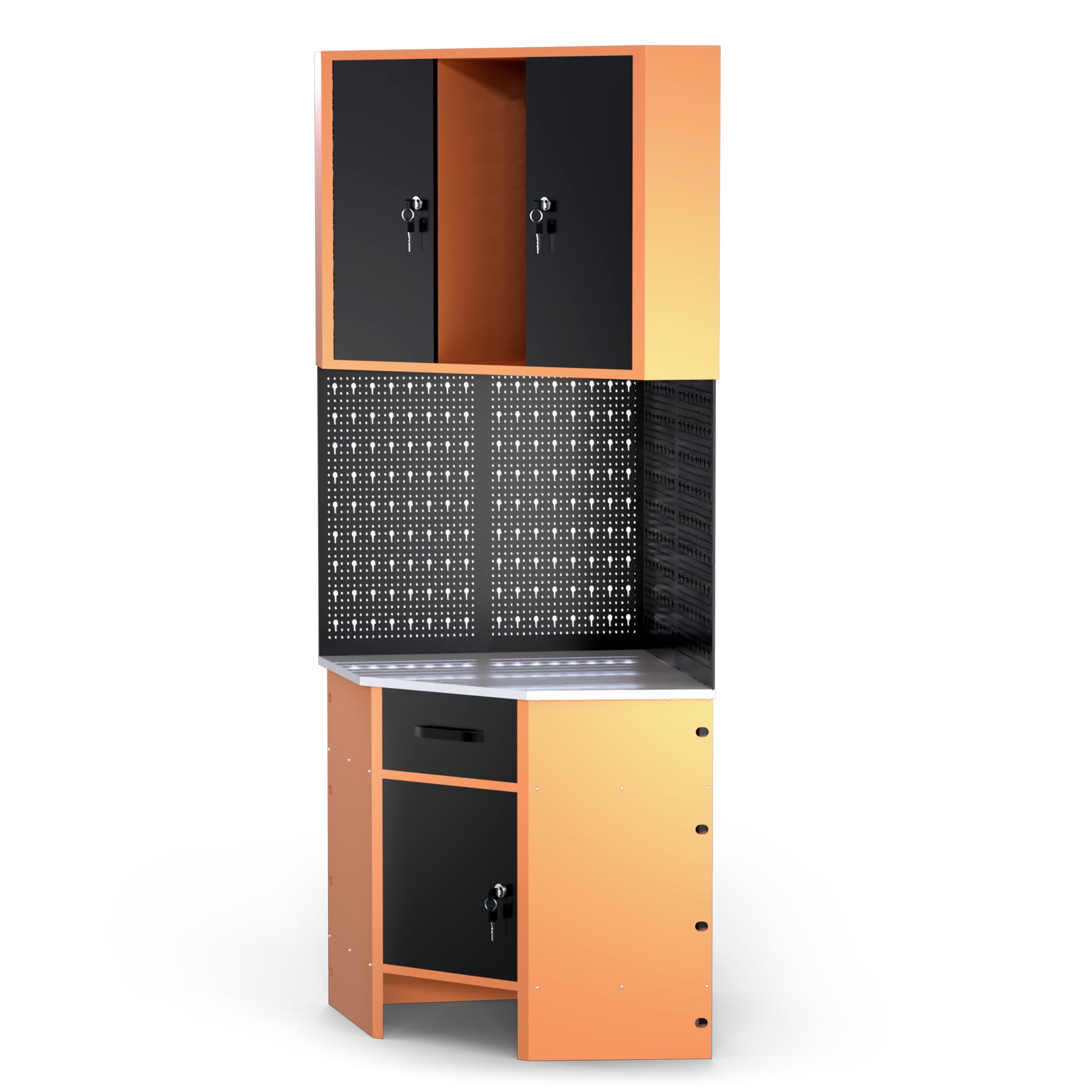 Pack Rincón Mecánico: Banco de trabajo en esquina con armarios colgantes y paneles metálicos para talleres y garajes - MetallMöbell