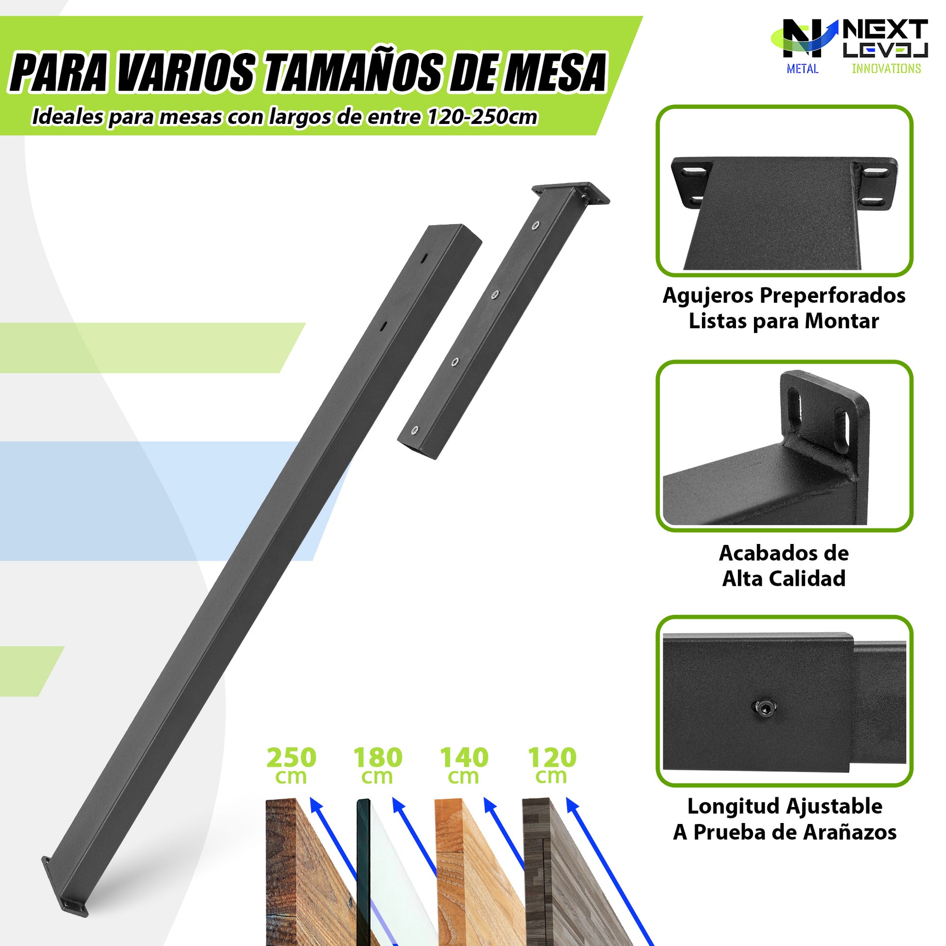 Pata Refuerzo Extensible para Mesa PM-023 | Soporte Central Regulable de Acero Negro (120-200 cm) de Alta Resistencia - Pata Refuerzo Extensible Mesa - MetallMöbell
