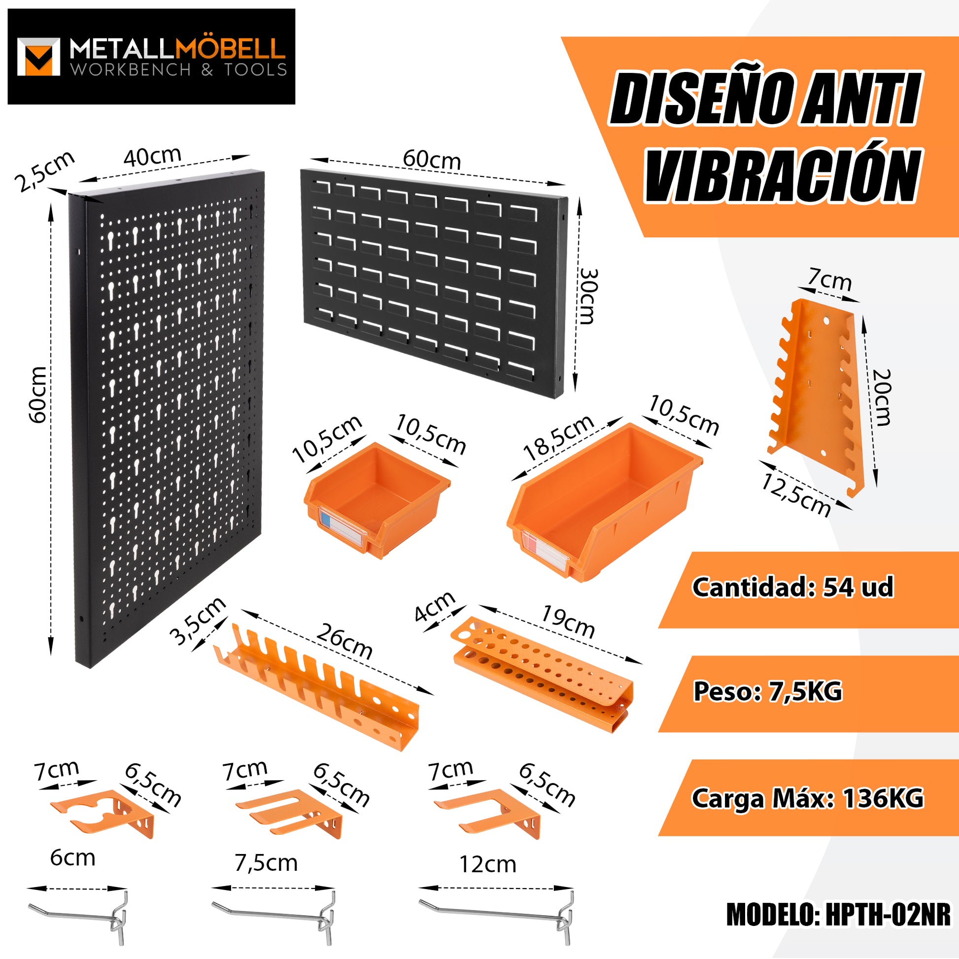 Kit de Paneles Perforados y Ranurados - 5 Paneles + Ganchos, Soportes y Cajas de Almacenamiento HPTH02 - MetallMöbell