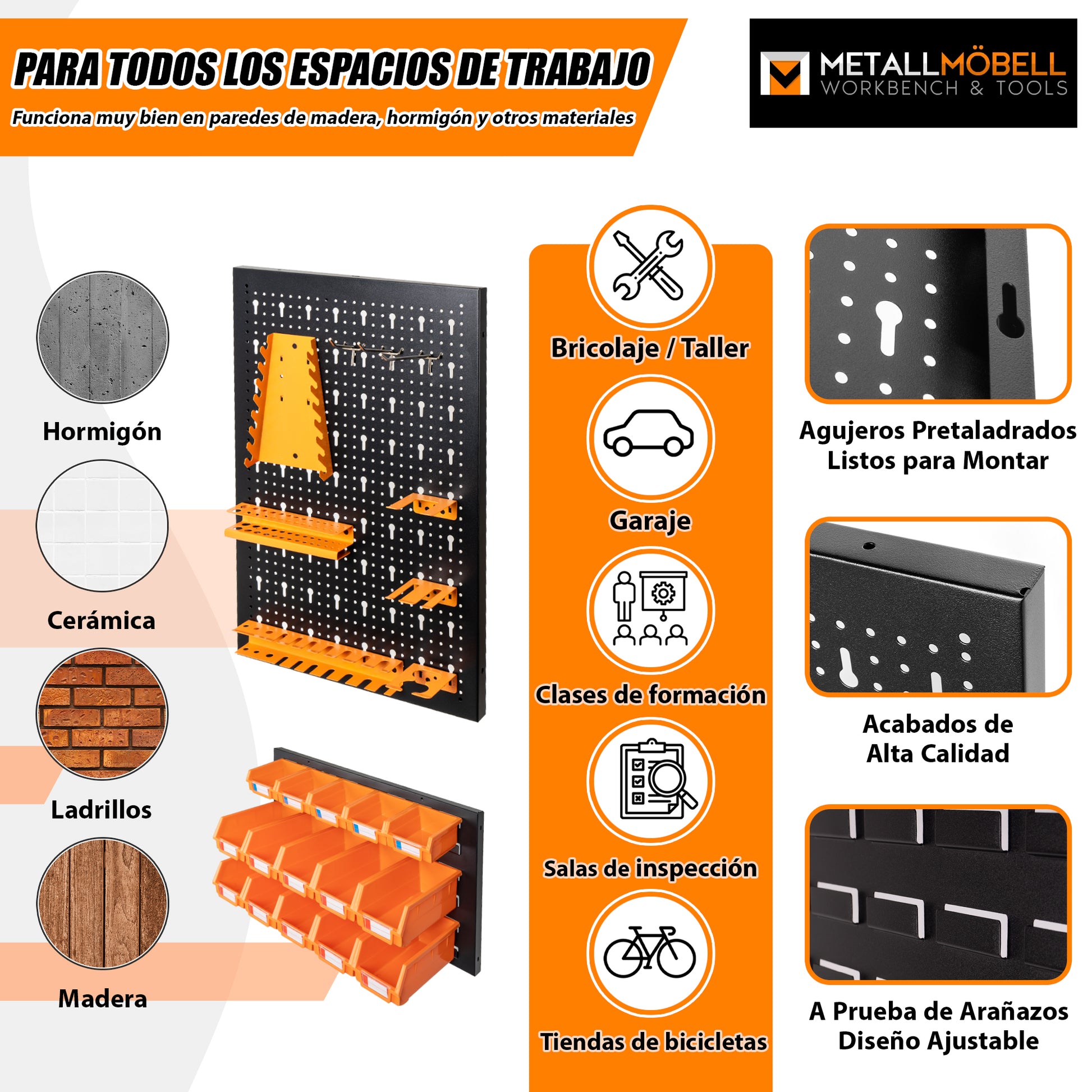 Kit de Paneles Perforados y Ranurados - 5 Paneles + Ganchos, Soportes y Cajas de Almacenamiento HPTH02 - MetallMöbell