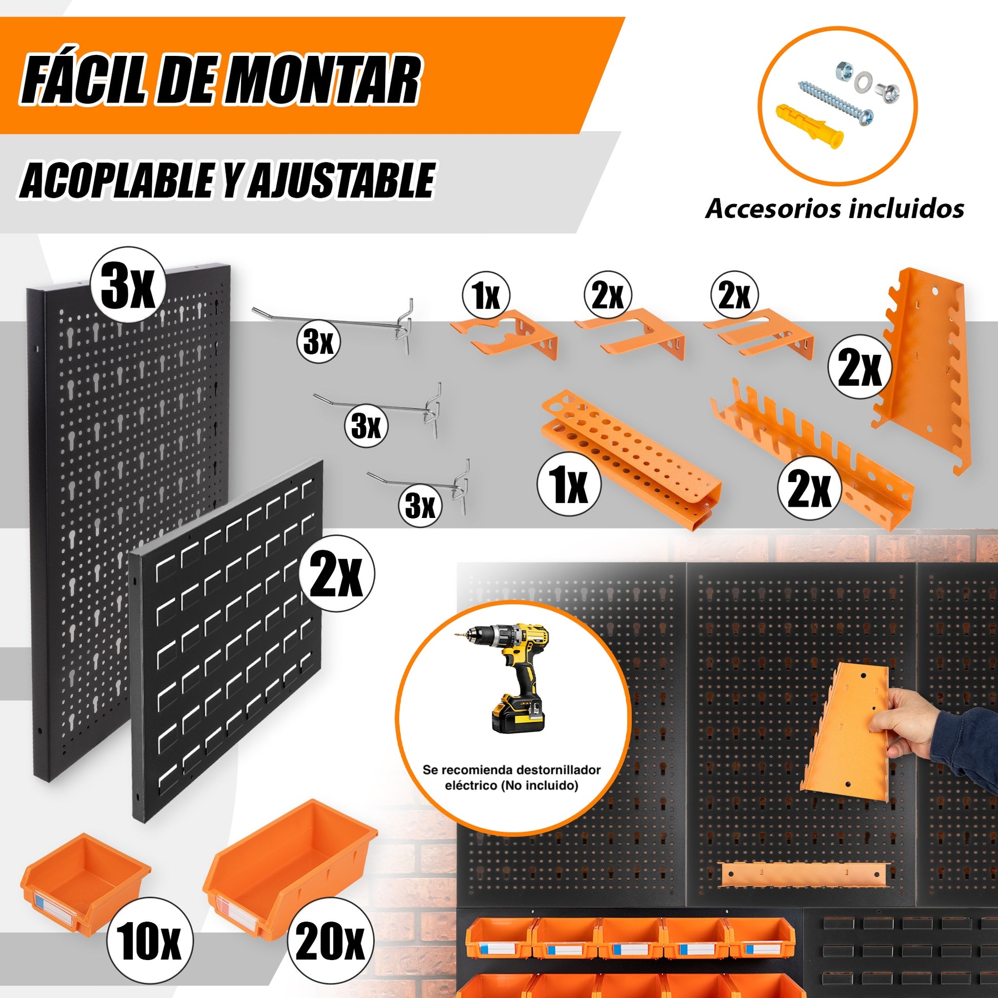 Kit de Paneles Perforados y Ranurados - 5 Paneles + Ganchos, Soportes y Cajas de Almacenamiento HPTH02 - MetallMöbell