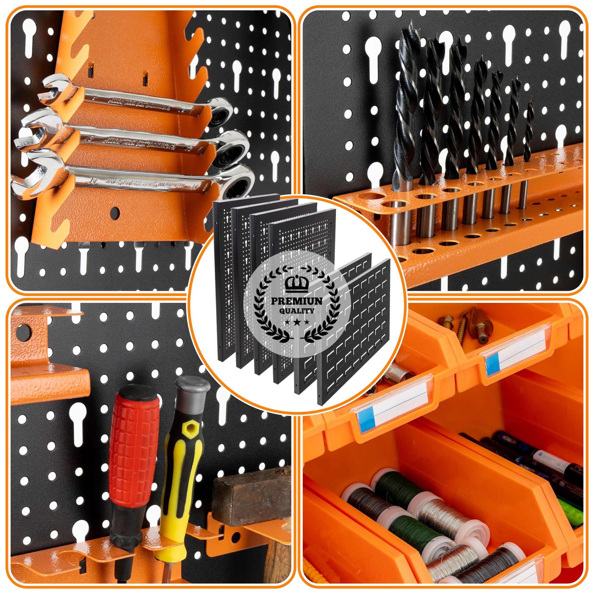 Kit de Paneles Perforados y Ranurados - 5 Paneles + Ganchos, Soportes y Cajas de Almacenamiento HPTH02 - MetallMöbell