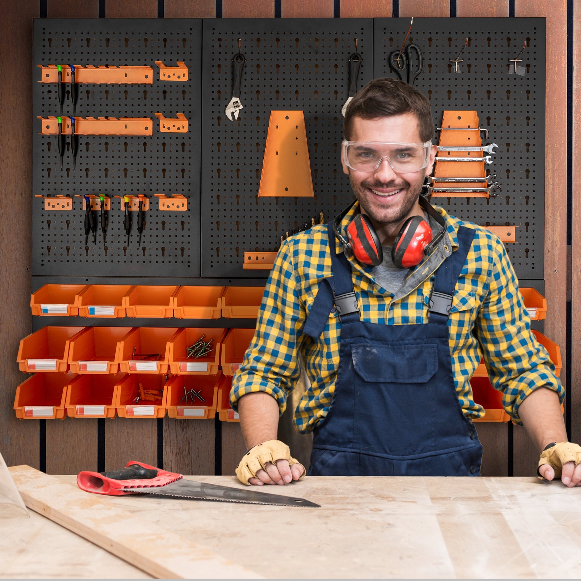 Kit de Paneles Perforados y Ranurados - 5 Paneles + Ganchos, Soportes y Cajas de Almacenamiento HPTH02 - MetallMöbell