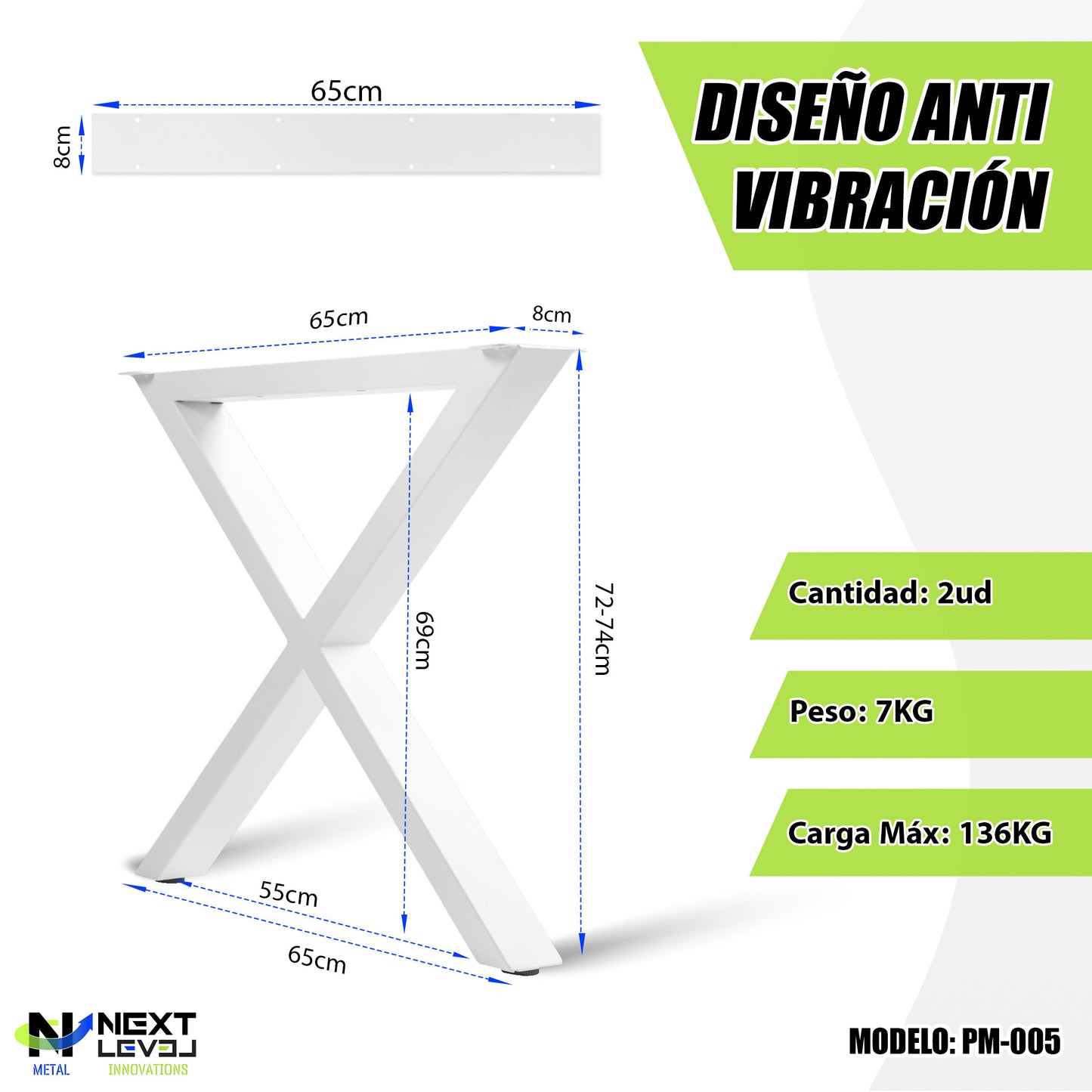 Metal Legs with X-Shaped Cross 65x71 cm – White or Black | Model PM-005