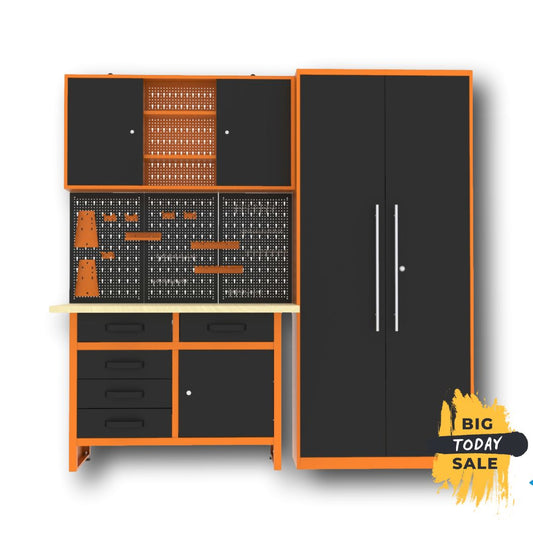 Pack Rey del Bricolaje: Banco de trabajo con 5 cajones y armarios para garaje y taller - MetallMöbell