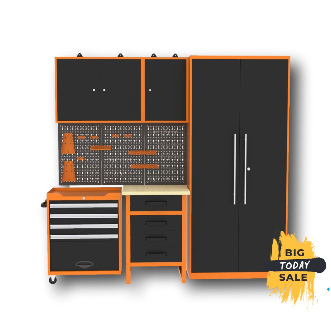 Brico Bikers 2 Pack – Compact workbench with tool trolley, wall cabinets and tall metal cabinet for professional organization in the garage or workshop