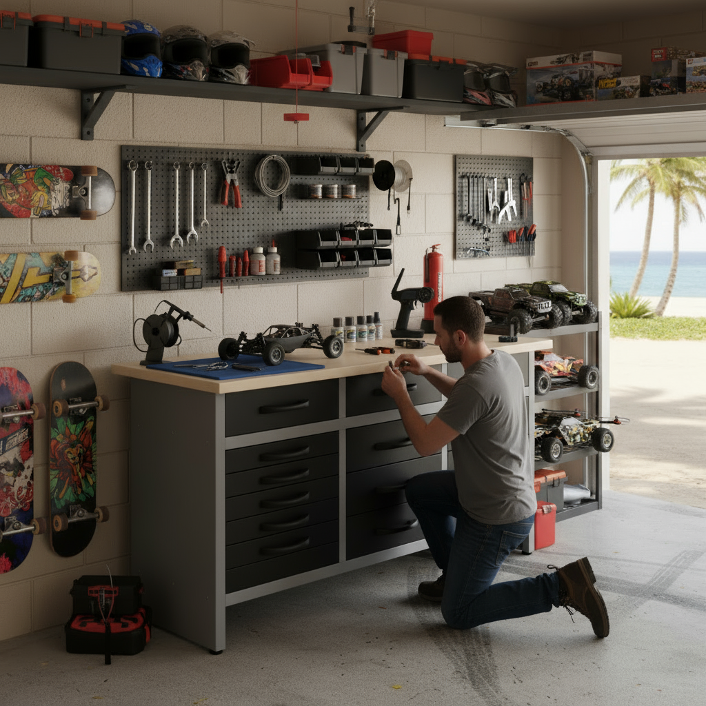 Pack Profesional del Orden 1 - Banco de trabajo profesional con cajones, armarios murales y panel perforado para talleres y garajes - MetallMöbell