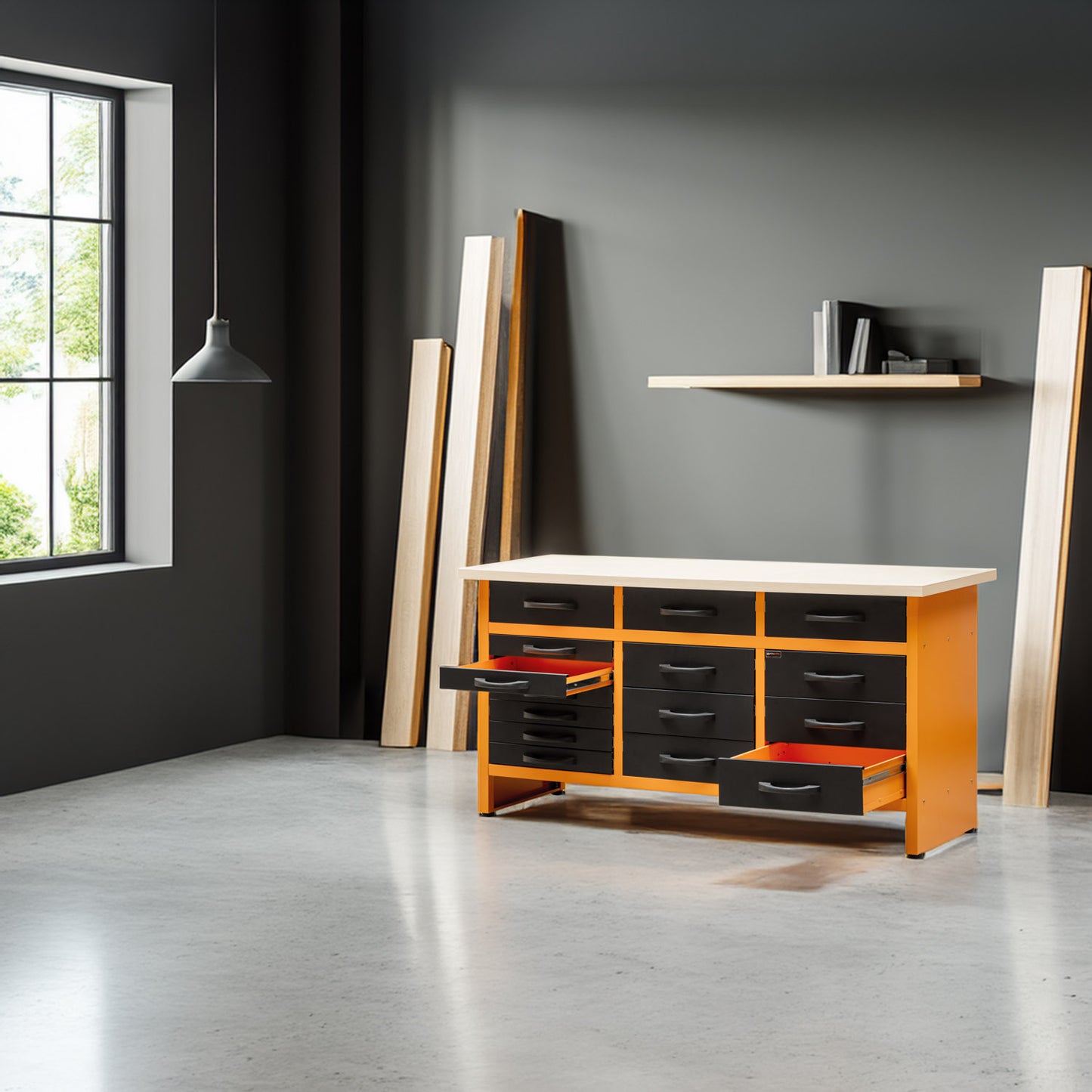 Pack de Trabajo Profesional - Banco de Trabajo con 15 Cajones y 2 Armarios Murales Dobles con Cerradura - MetallMöbell