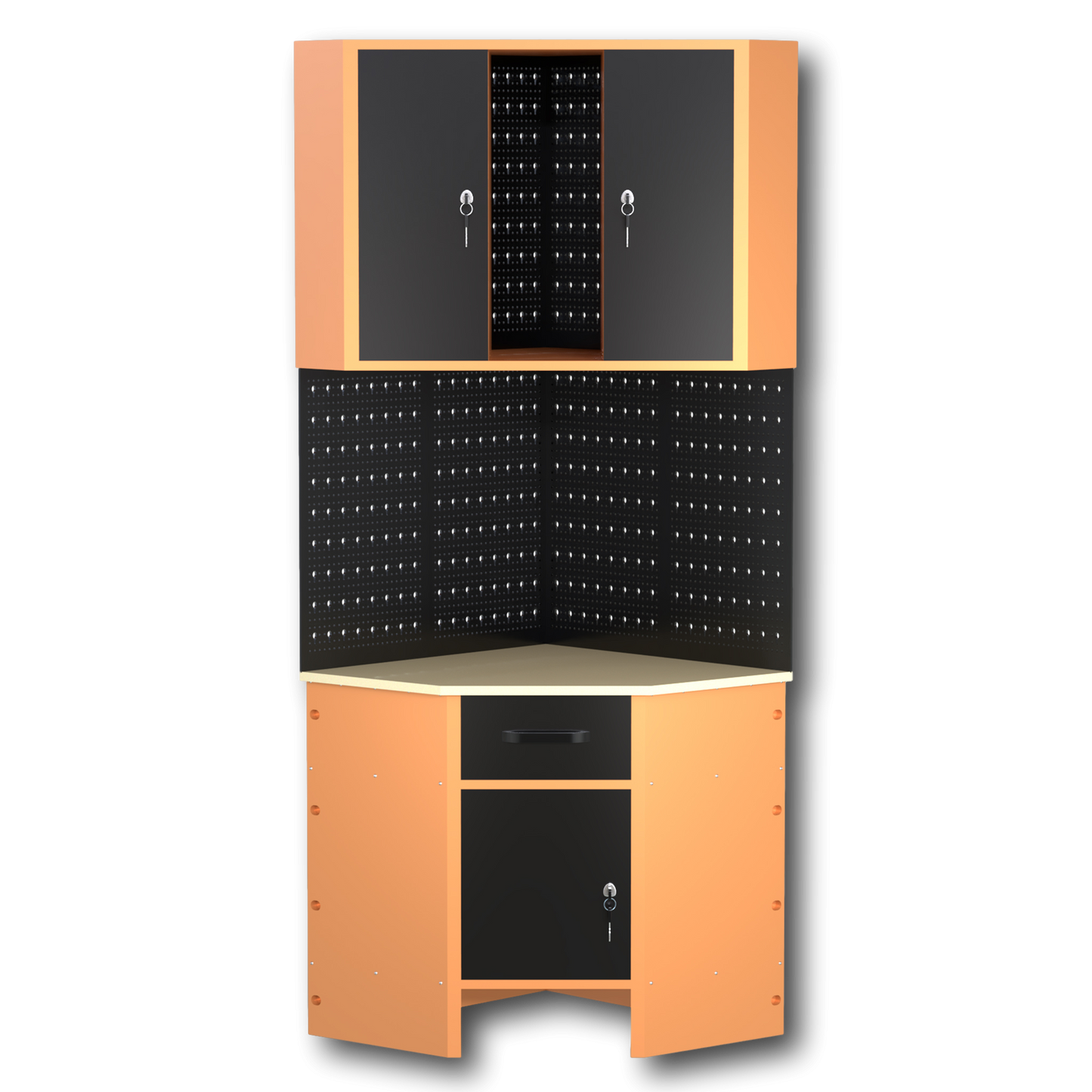 Pack Rincón Mecánico: Banco de trabajo en esquina con armarios colgantes y paneles metálicos para talleres y garajes