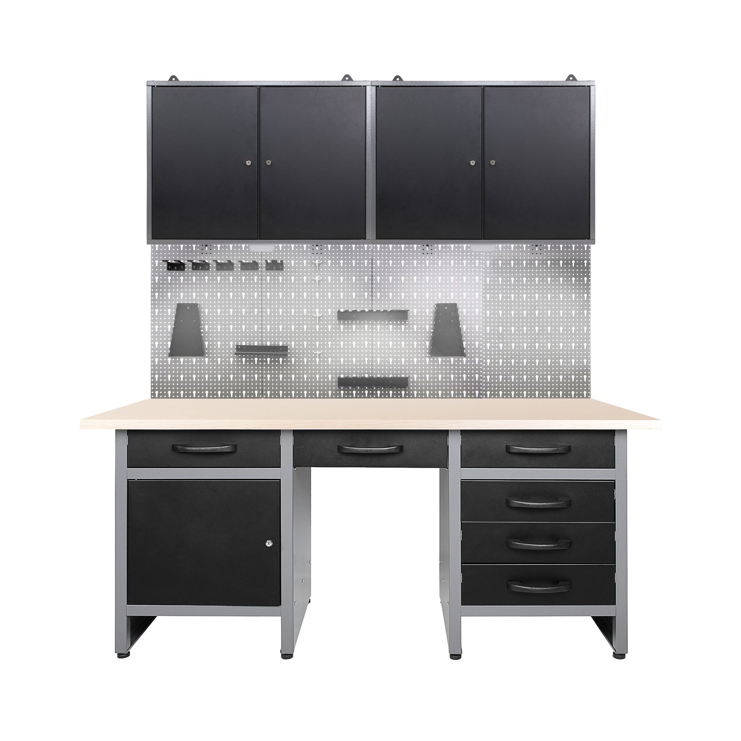 Brico-Garage 2 Pack – Banco da lavoro con nicchia centrale, pannelli forati e doppi armadietti superiori con serratura per officina e garage