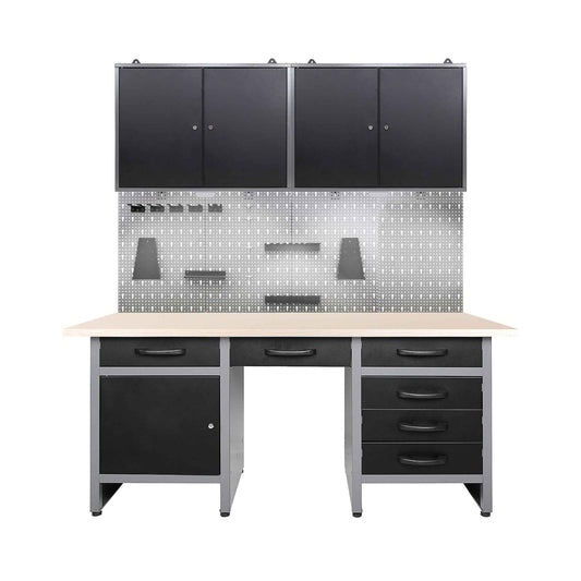 Pack Brico-Garaje 2 - Banco de trabajo para garaje con hueco central, paneles perforados y armarios superiores dobles con cerradura