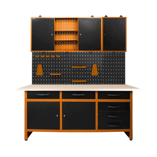 Pack Brico-Manitas 1: Banco de trabajo para talleres con cajones, armarios de pared metálicos y panel perforado para garajes