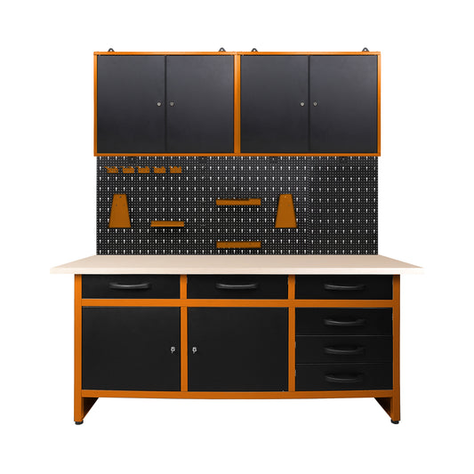 Pack Brico-Manitas banco de trabajo con cajones y armarios, panel perforado y armarios metálicos de pared con cerradura para talleres y garajes - MetallMöbell