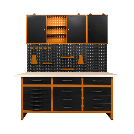 Pack Profesional del Orden 1 - Banco de trabajo profesional con cajones, armarios murales y panel perforado para talleres y garajes