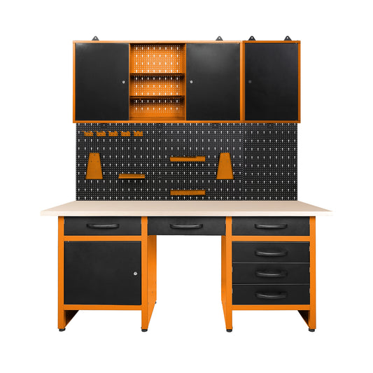 Pack Brico-Garaje 1 – Mobiliario para taller y garaje: Banco de trabajo con hueco central, paneles perforados y armarios metálicos con cerradura - MetallMöbell