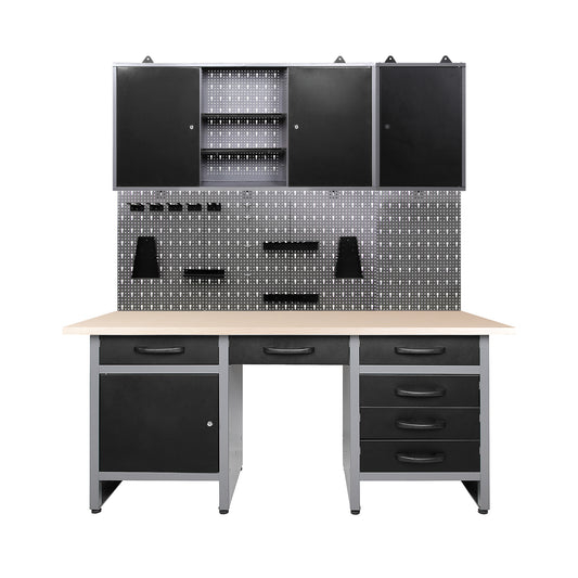 Pack Brico-Garaje 1 – Mobiliario para taller y garaje: Banco de trabajo con hueco central, paneles perforados y armarios metálicos con cerradura - MetallMöbell