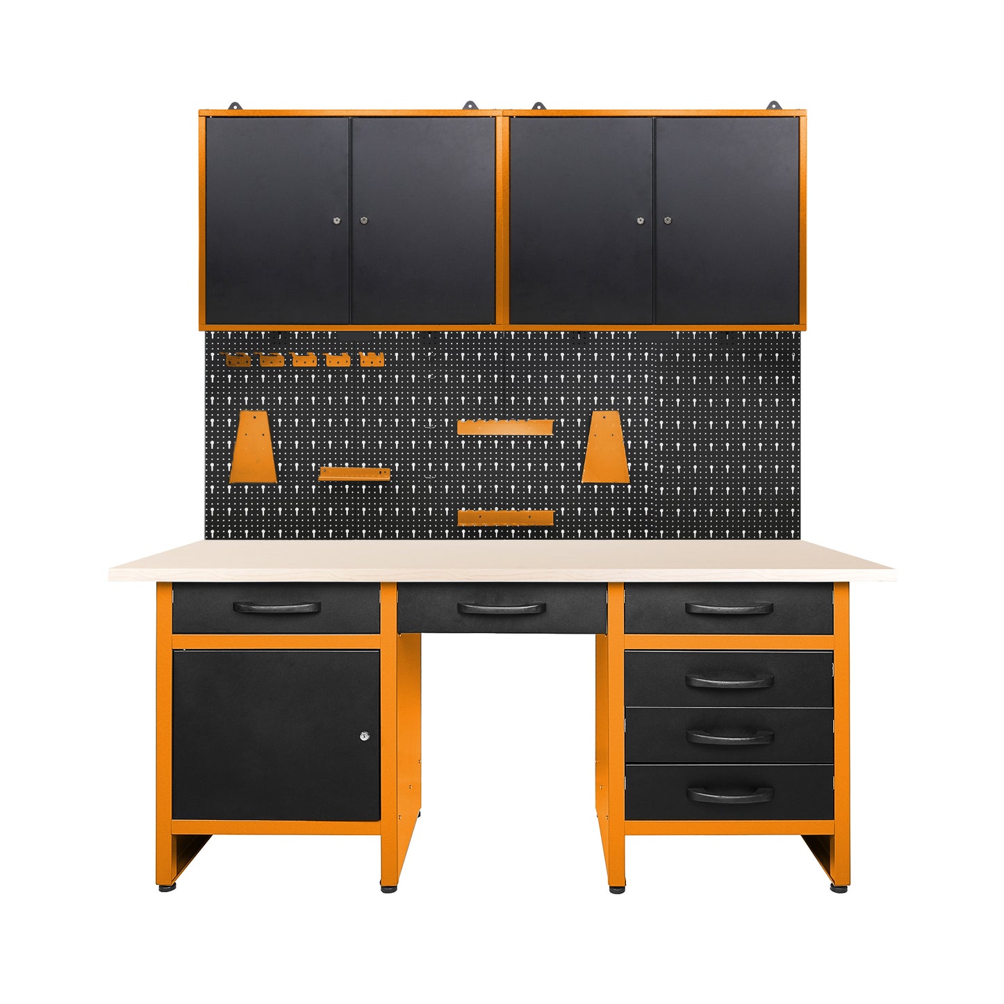 Brico-Garage 2 Pack – Banco da lavoro con nicchia centrale, pannelli forati e doppi armadietti superiori con serratura per officina e garage
