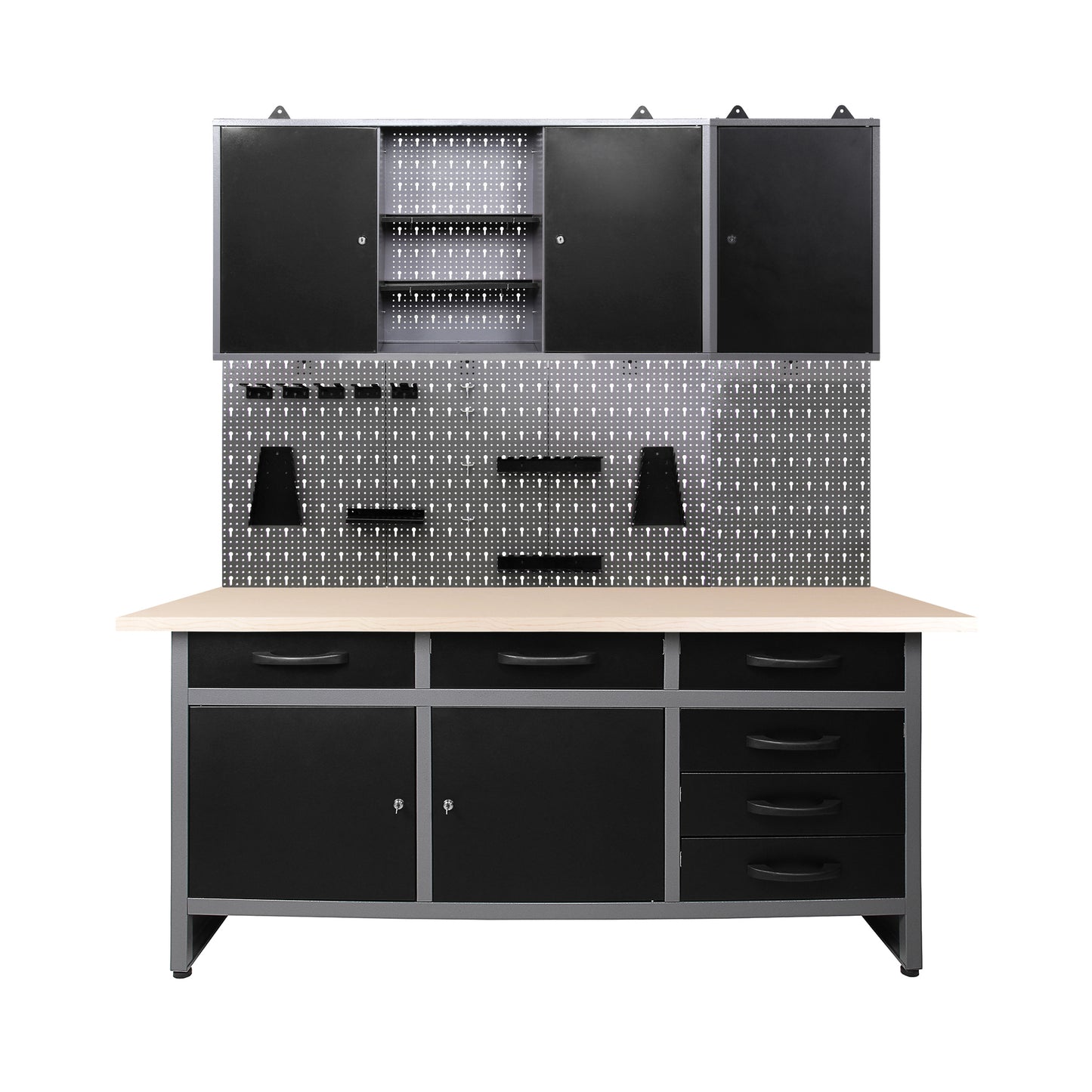 DIY Handyman Pack 1 – Workbench with drawers, metal wall cabinets, and perforated panel for home workshops and garages