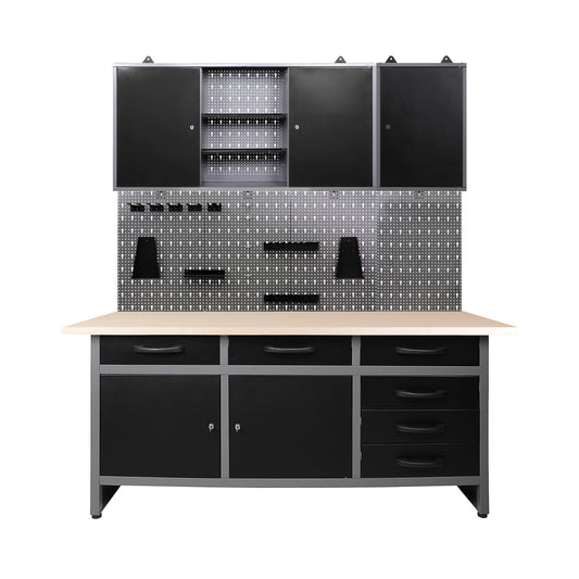 Pack Brico-Manitas 1: Banco de trabajo para talleres con cajones, armarios de pared metálicos y panel perforado para garajes - MetallMöbell