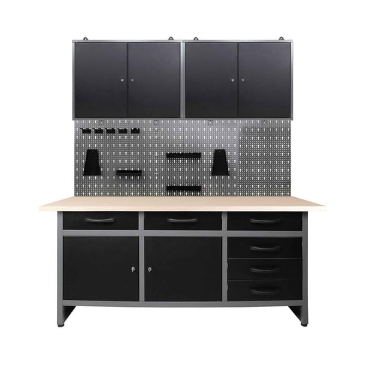 Pack Brico-Manitas banco de trabajo con cajones y armarios, panel perforado y armarios metálicos de pared con cerradura para talleres y garajes