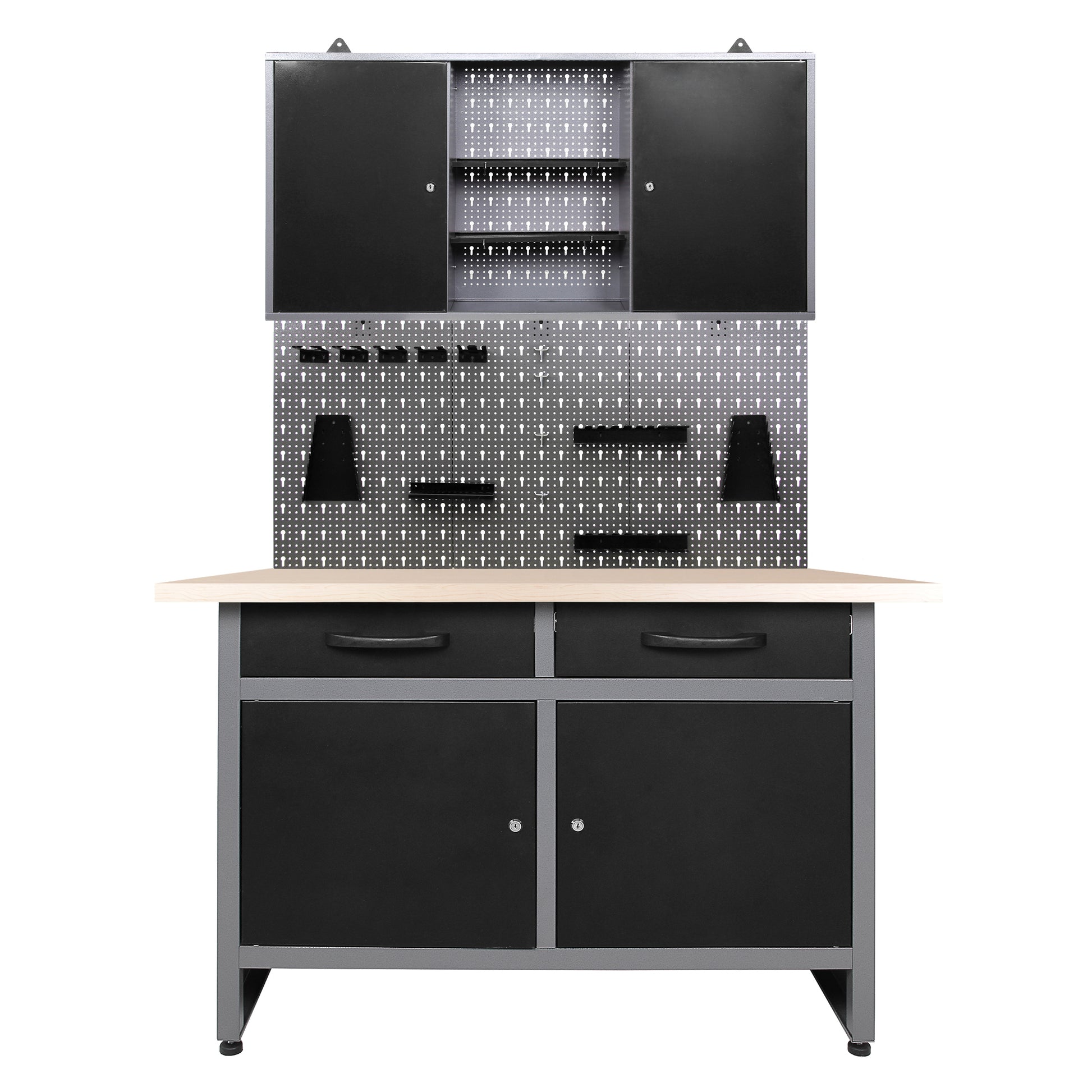 Pack Brico-Motero 1 – Banco de trabajo compacto para garaje con armario mural y paneles perforados - MetallMöbell