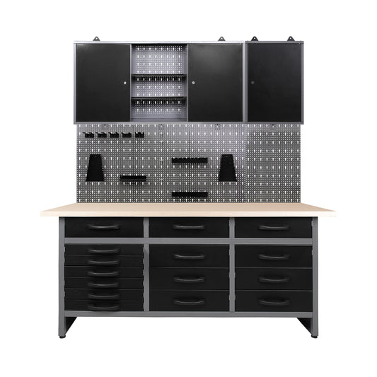 Pack Profesional del Orden 1 - Banco de trabajo profesional con cajones, armarios murales y panel perforado para talleres y garajes - MetallMöbell