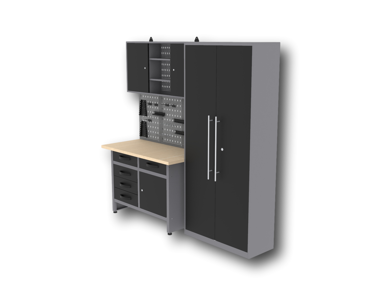 Pack Rey del Bricolaje: Banco de trabajo con 5 cajones y armarios para garaje y taller - MetallMöbell