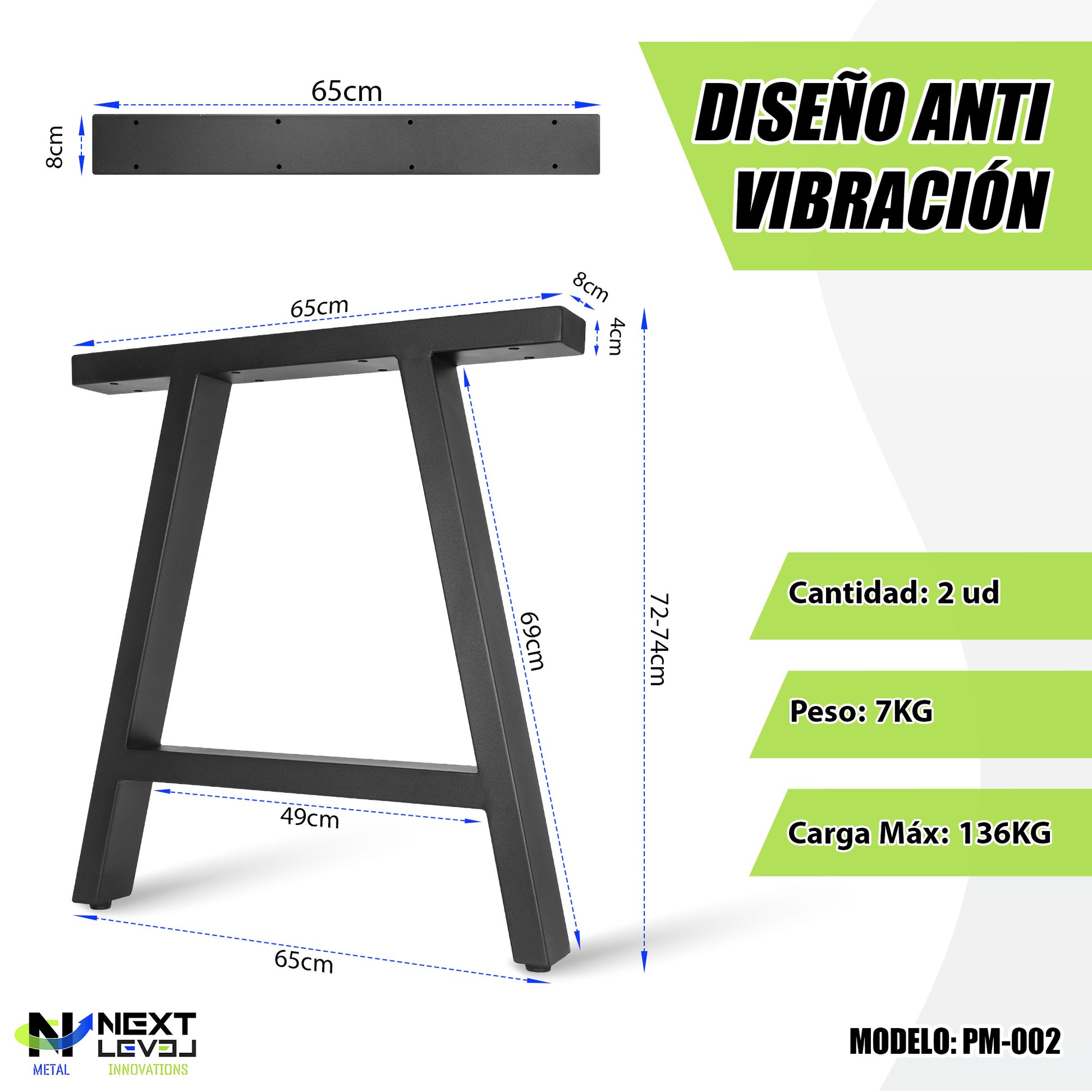 Patas Metálicas para Mesa Industrial Tipo A 65x71 cm - Modelo PM-002 Estilo Robustas y Modernas - MetallMöbell