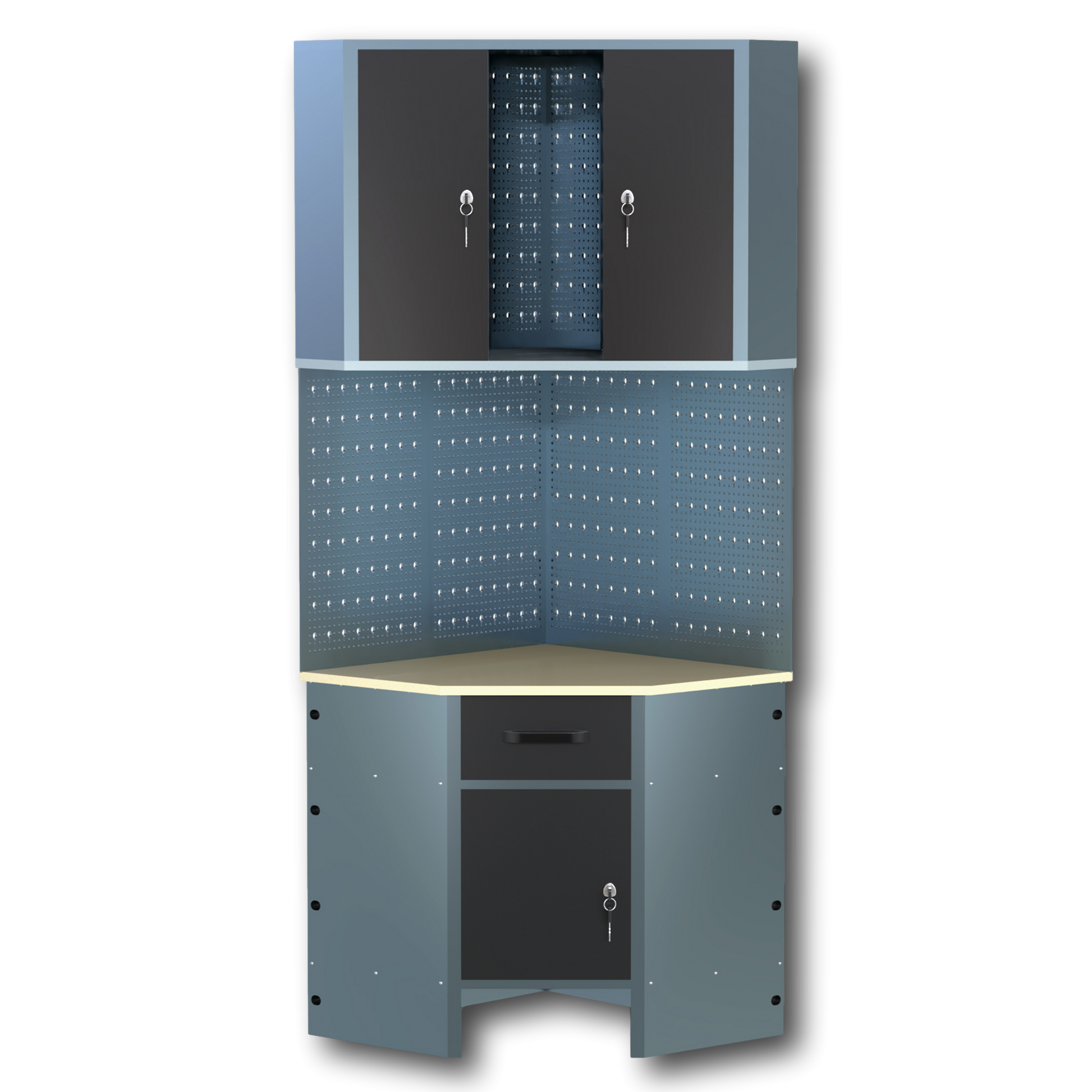 Pack Rincón Mecánico: Banco de trabajo en esquina con armarios colgantes y paneles metálicos para talleres y garajes - MetallMöbell