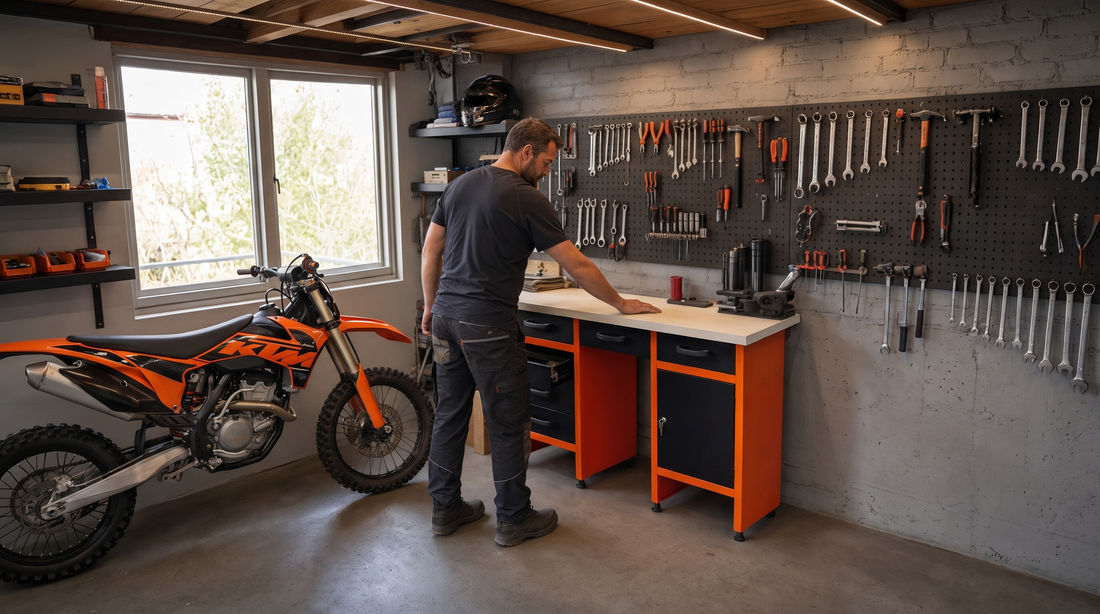 Banco de trabajo MB-09N en taller de moto enduro - Metallmobell