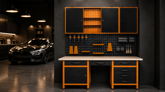 Estación de detailing organizada con banco de trabajo naranja y negro Metallmöbell, panel perforado con microfibras y armario para productos químicos